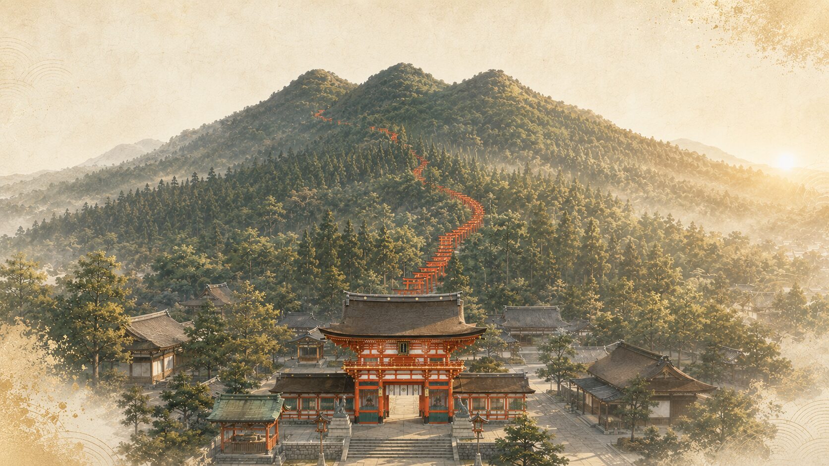 伏見稲荷大社の山麓の楼門と稲荷山全体を見渡す俯瞰風景。総本宮としての規模感を表現した painterly な構図