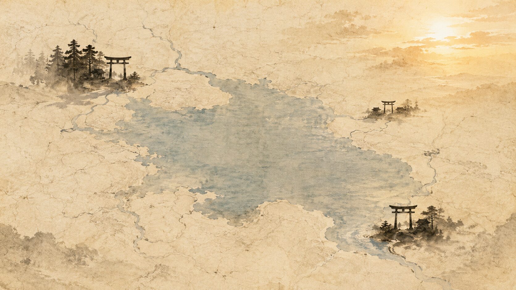 ivory washi 背景に painterly な古代の香取海と利根川下流域の広い水域、周囲に鹿島・香取・息栖の三社の小さなシルエットが点在する俯瞰構図、東国三社の地理を象徴