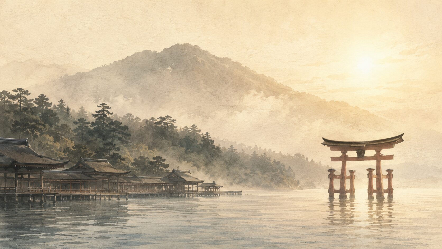 ivory washi 背景に painterly な瀬戸内海と宮島の俯瞰、画面奥に弥山と杜、海岸線に厳島神社の海上社殿、その沖合に大鳥居のシルエット、朝の光が差し込む構図、宮島の全景を象徴