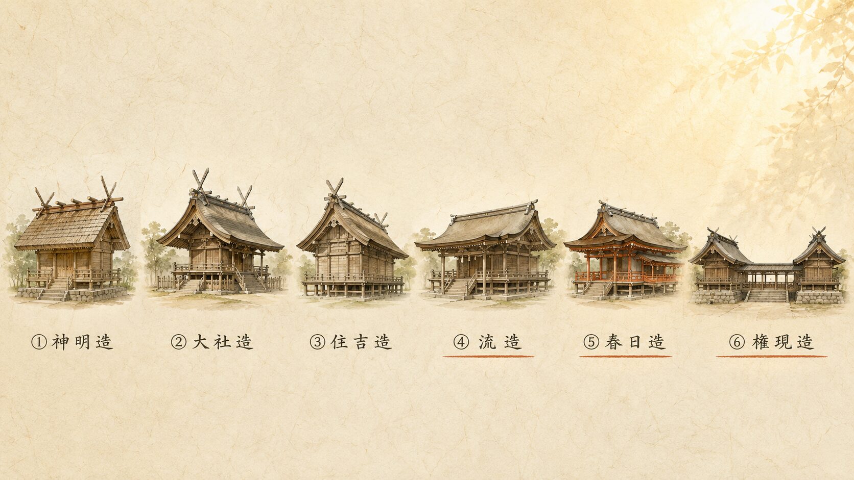 ivory washi 背景に painterly な日本の神社建築6様式（神明造・大社造・住吉造・流造・春日造・権現造）の横並び俯瞰、本記事の3様式に下線アクセント、神社建築の系統を象徴