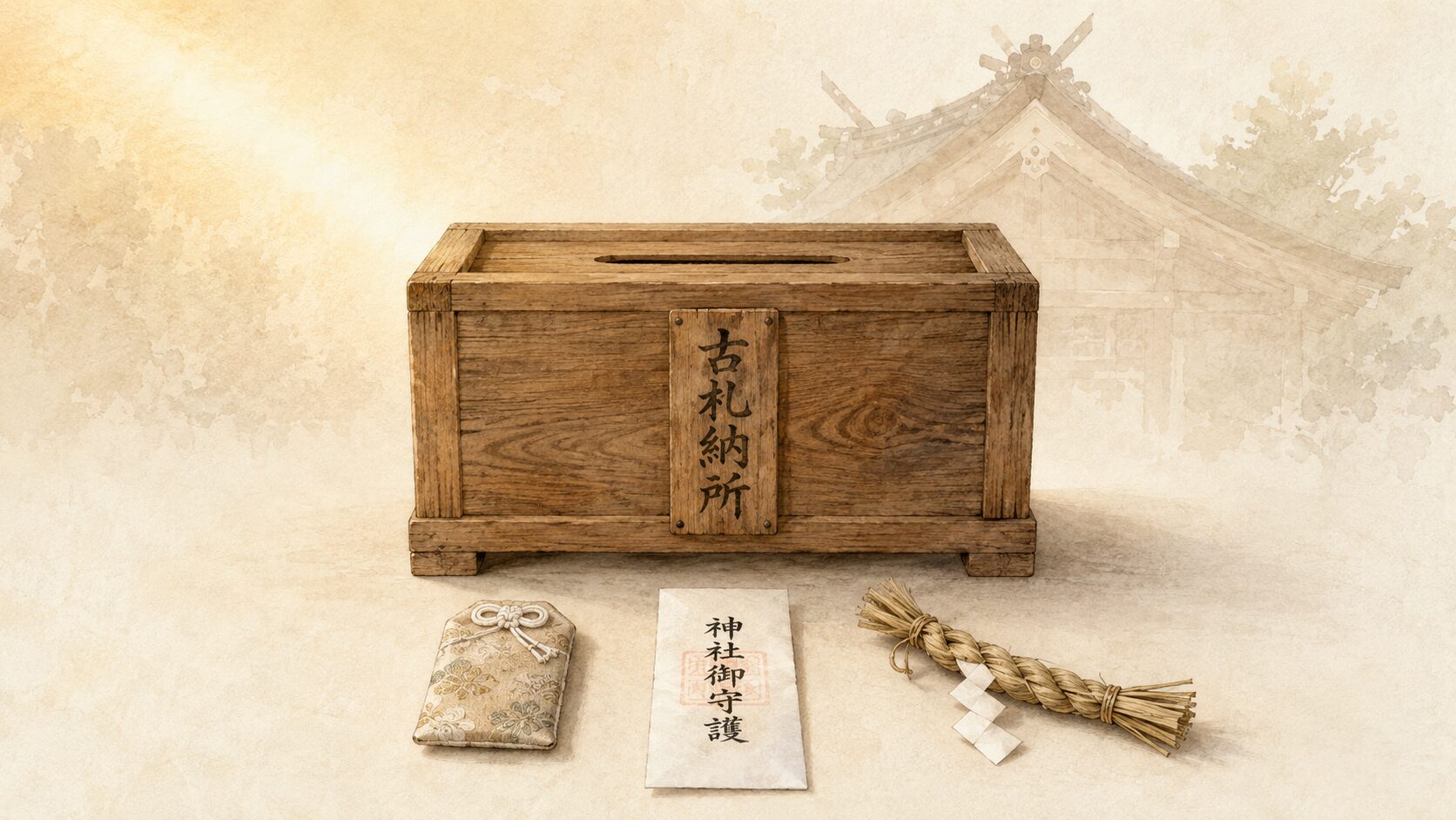 ivory washi 背景に painterly な神社の古札納所と、手前に並ぶお守り・古札・しめ縄の返納品3点、背景に神社本殿の屋根シルエット、お焚き上げの基本シーンを象徴