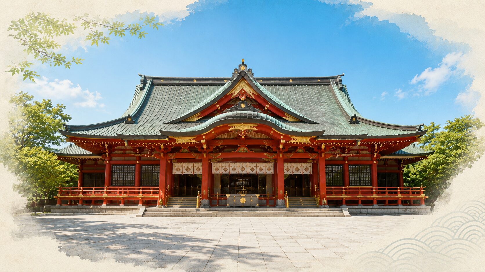 夏の青空のもと、神田明神(神田神社)の朱色の社殿(本殿または拝殿)を正面から仰ぐ painterly な情景。屋根の銅葺き・檜皮が深い色合いで、社殿前の石畳の境内は人影なく清浄。江戸総鎮守として東京千代田区に鎮座する神田明神の象徴的な姿を映す画像