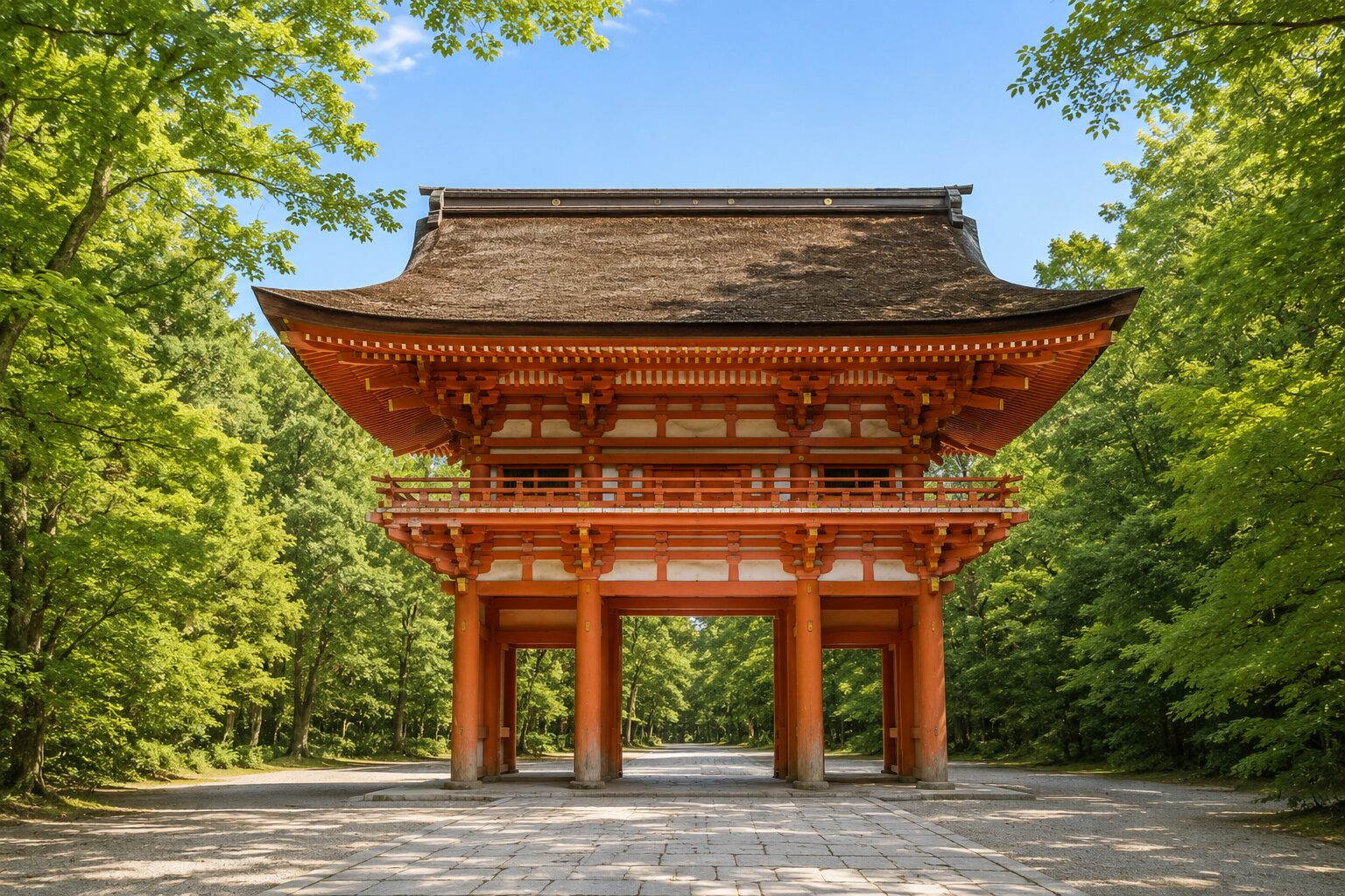 5 月の青空のもと、下鴨神社(賀茂御祖神社)の朱色の楼門を正面から仰ぐ painterly な情景。檜皮葺の屋根が深い色合いで、楼門の手前と両脇には糺の森の若々しい青葉が広がる。境内の参道は人影なく清浄。京都三大祭の舞台となる賀茂社の象徴的な姿を映す画像