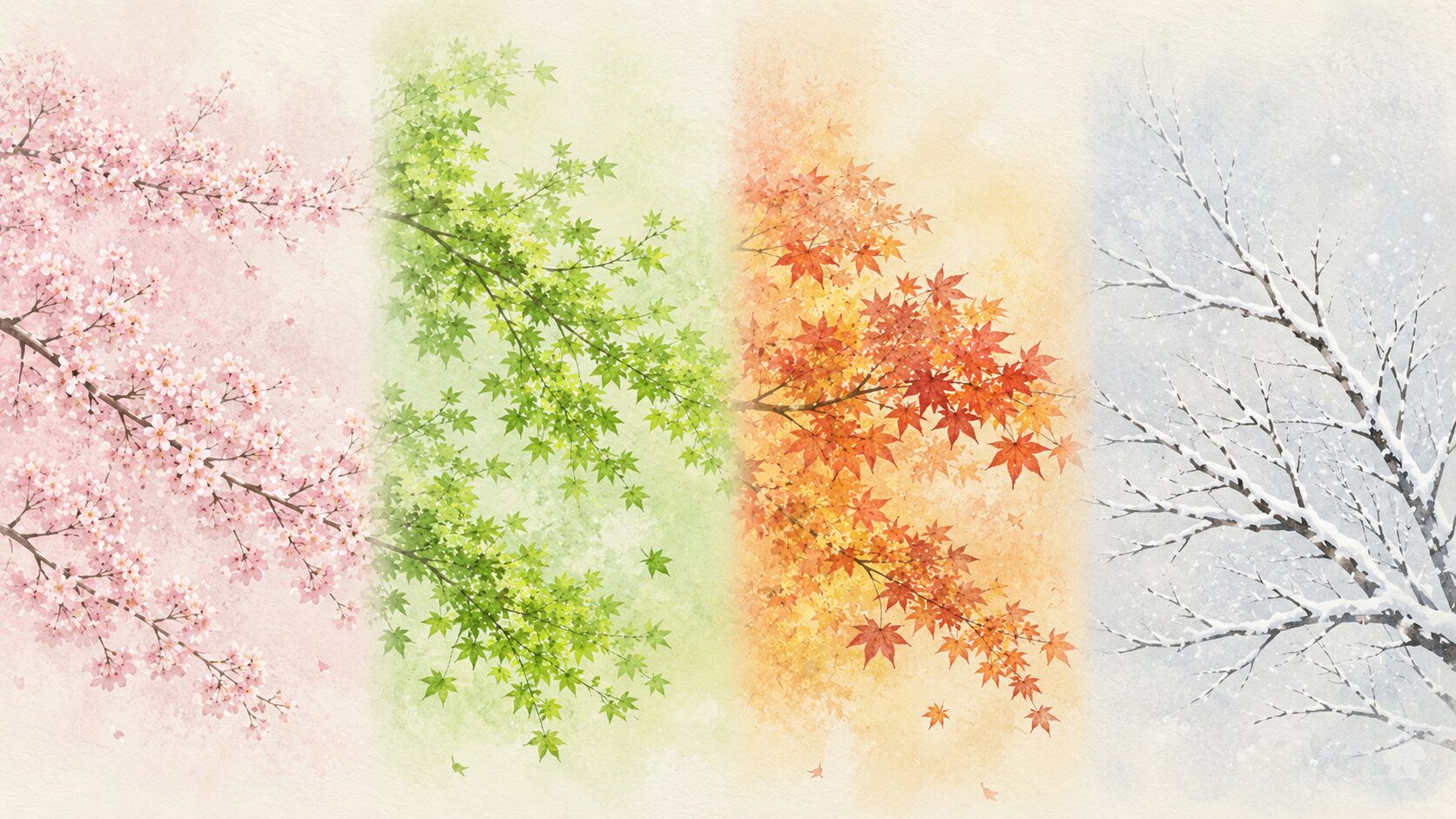 painterly な日本の四季を一枚に重ねた象徴的な風景画。画面を縦に 4 分割し、左から春の桜並木、夏の青葉、秋の紅葉、冬の雪景色が静かにつながる構成。各季節の境界は淡いグラデーションで溶け合い、人物は描かれない。日本の暦が表す四季の移ろいを象徴する画像