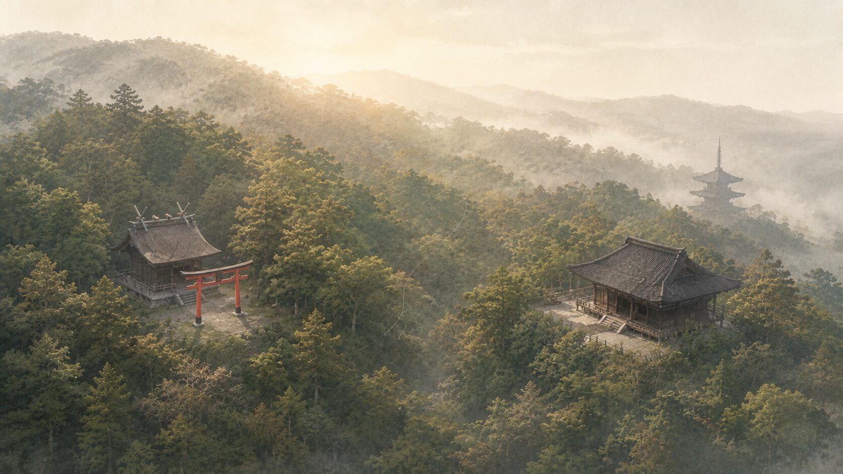 ivory washi 背景に painterly な山寺と神社が同じ山中に隣接する景観俯瞰。左に神社本殿と鳥居、右に寺院本堂と五重塔。神道と仏教が共にあった日本の宗教史を象徴
