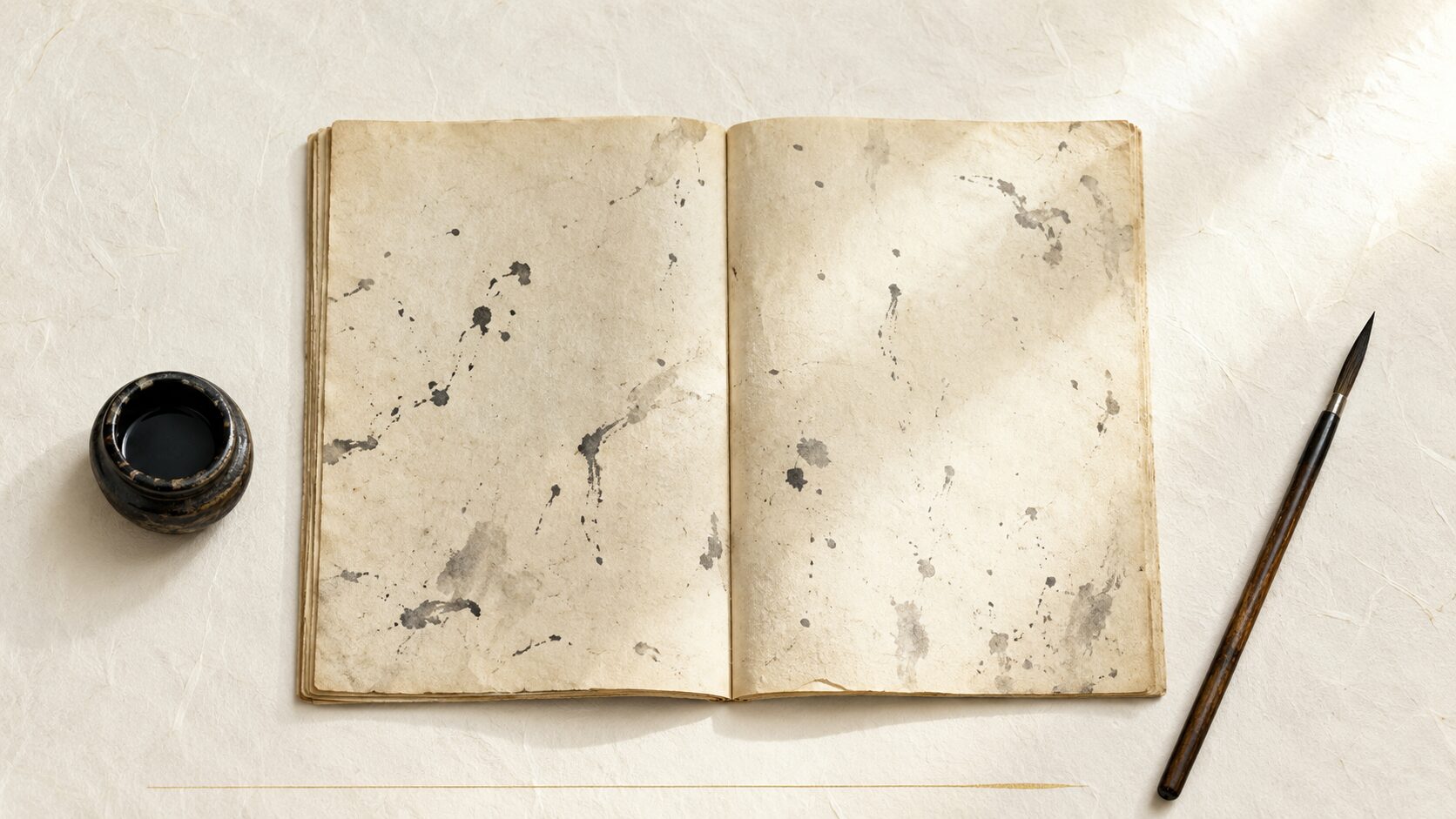 ivory washi 背景に painterly な俯瞰画像。中央に開かれた和綴じ古書、左に墨壺、右に古い筆。古典・思想から数の象徴を読み解く世界観を象徴