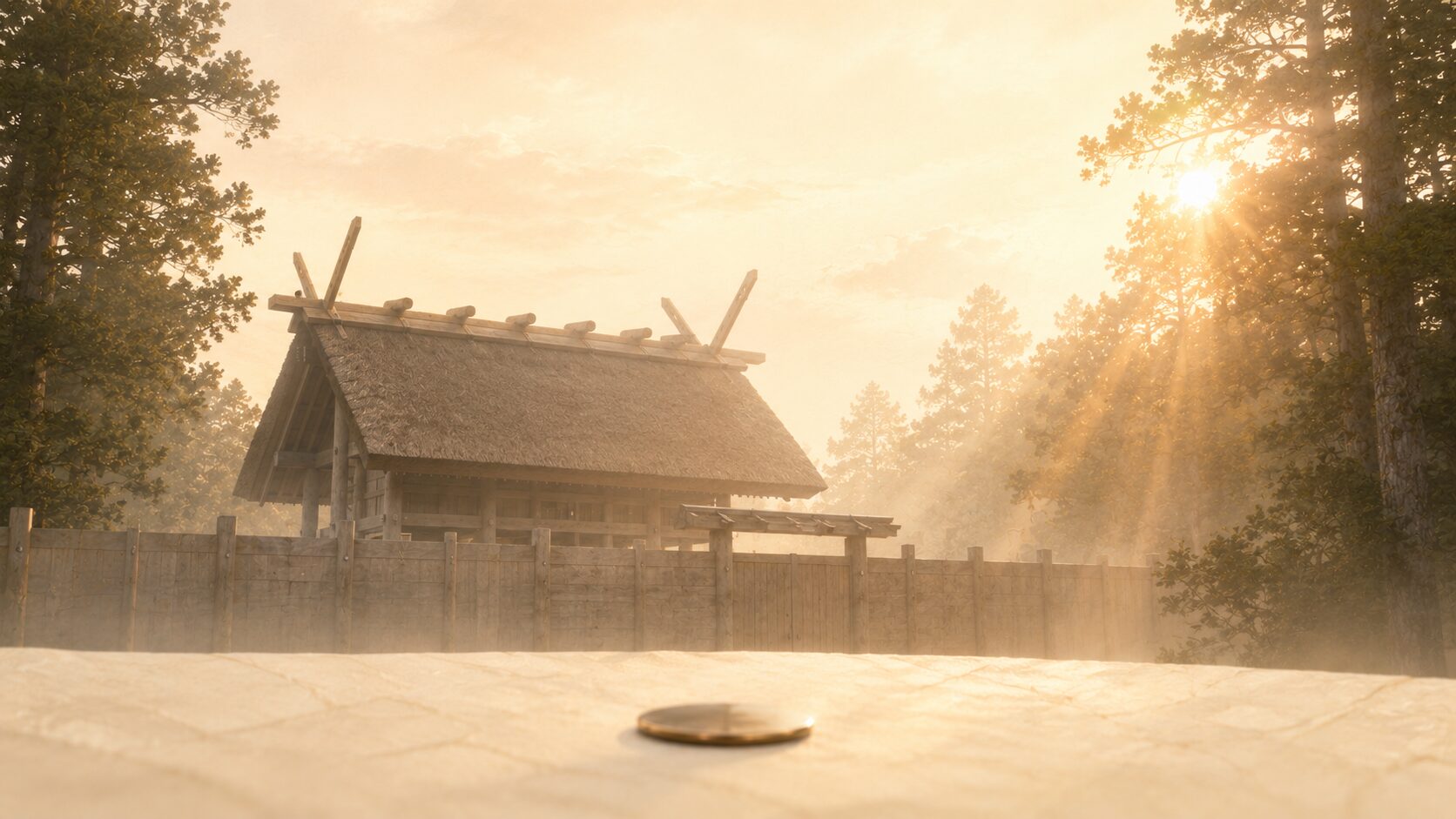 伊勢神宮内宮の象徴的な茅葺き正殿シルエットと差し込む朝日、手前に円鏡を配した painterly な象徴画像。アマテラスの太陽神・皇祖神としての性格を視覚化