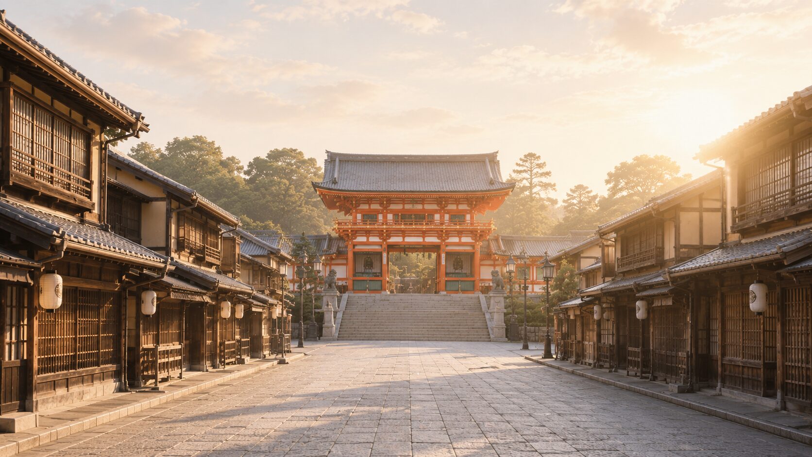 四条通の東端に立つ八坂神社の朱塗り西楼門と、祇園の石畳・町家・境内の木々を一体に描いた painterly な早朝の景観