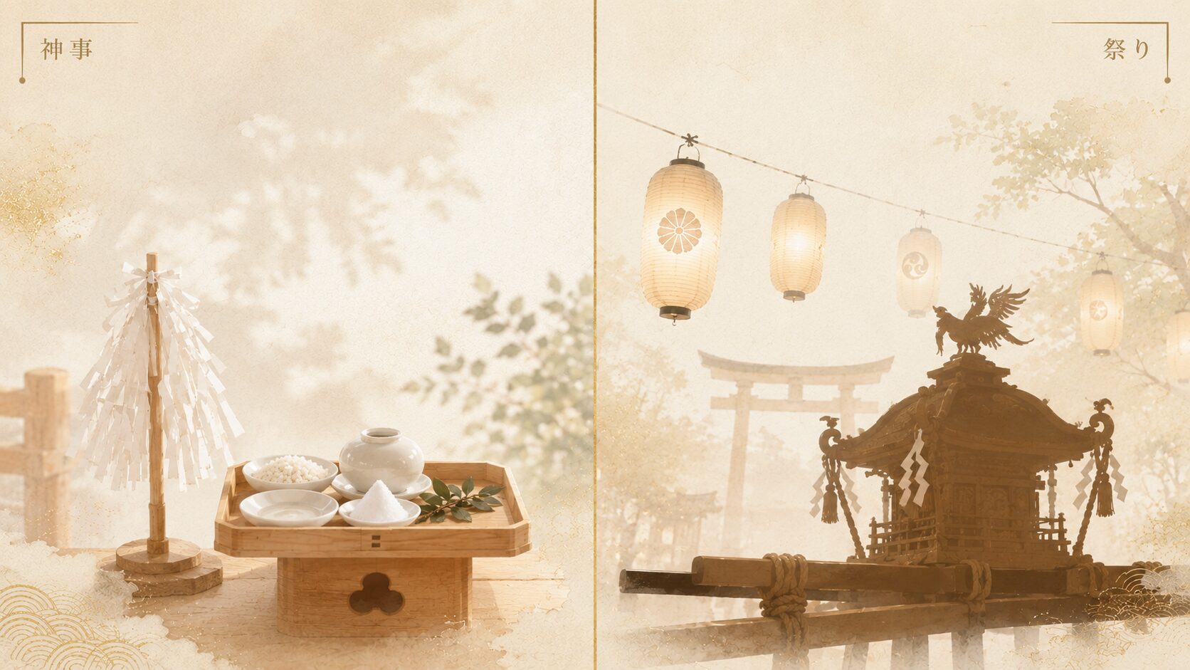 神社の祭りと神事を対比視覚化した painterly 構図。左に神事（祓串・神饌）、右に祭り（提灯・神輿）を配し、両者の関係を象徴的に表現
