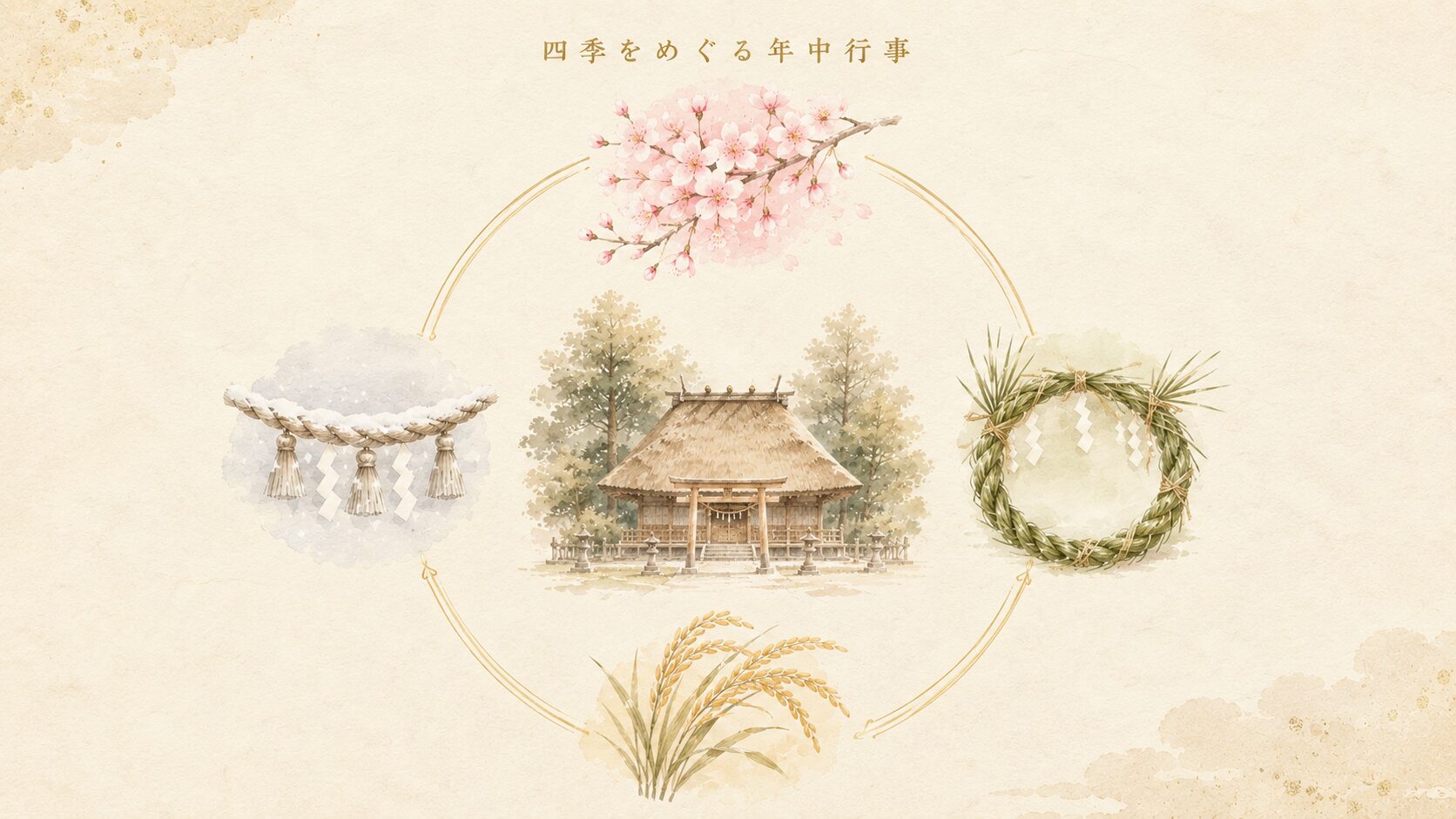 1年の流れを象徴する円環構図の painterly 図解。中央に神社境内のシンボル、周囲に四季の代表的な自然要素（桜・茅の輪・稲穂・雪）を配し、年中行事の暦を視覚化