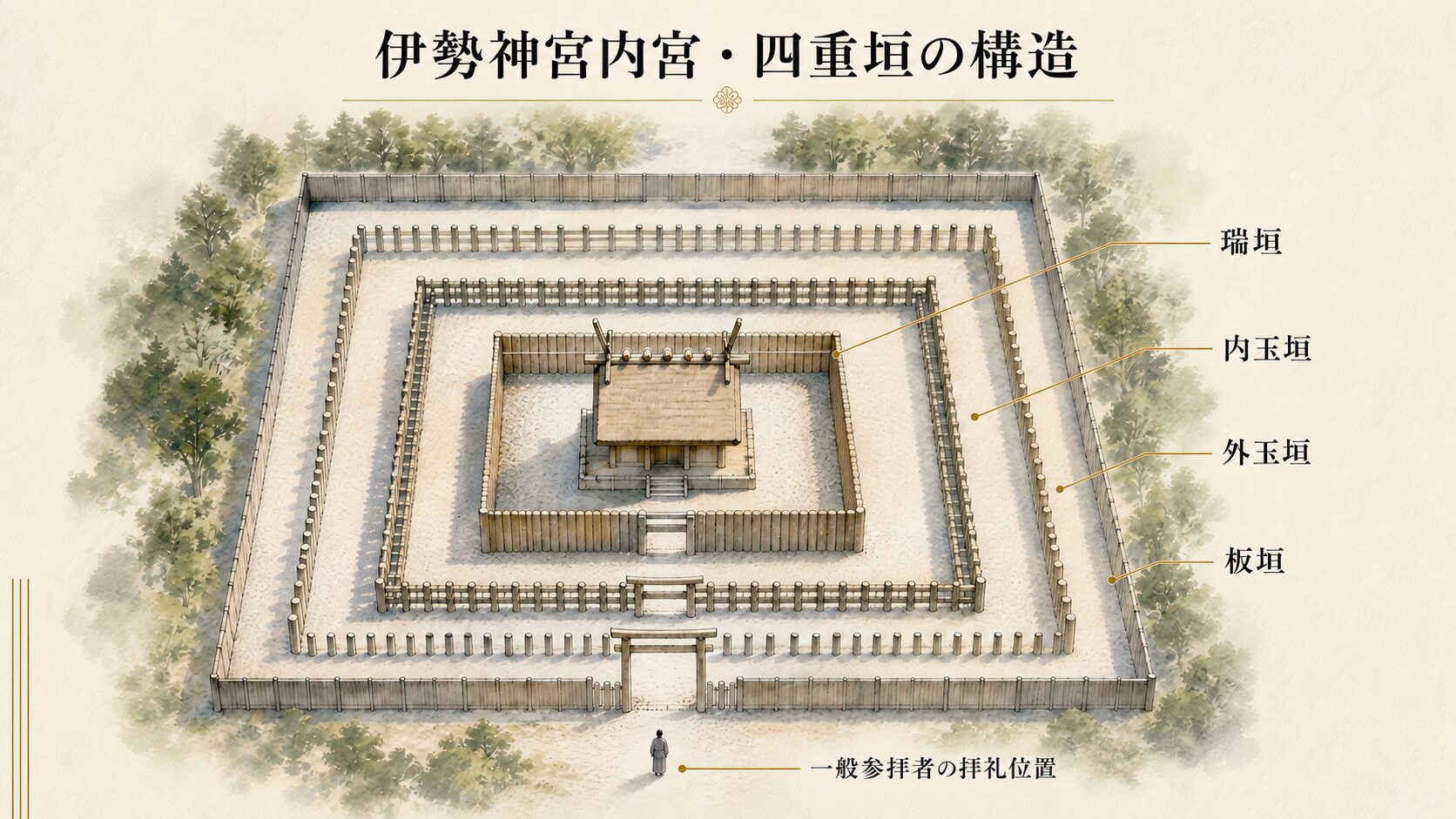 伊勢神宮内宮の正殿と4つの垣根（板垣・外玉垣・内玉垣・瑞垣）の配置を俯瞰で示した painterly diagram、各層にラベル、参拝者到達点を示す矢印あり