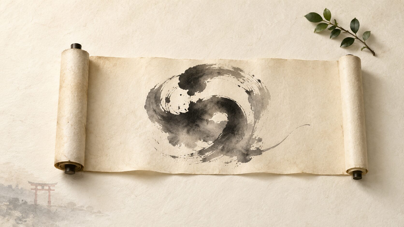 ivory washi 背景に painterly な俯瞰画像。中央に古い和紙と『社号』を象徴する墨の筆跡、左下に朱色鳥居遠景、右上に常緑の小枝。神社の名称体系の概念を象徴