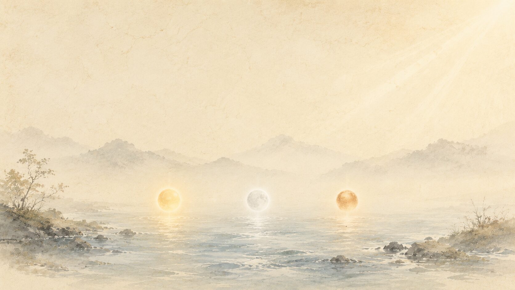 ivory washi 背景に painterly な静かな川辺と薄い水しぶき、3つの抽象的な光が左右中央に静かに分かれていく構図、イザナギの禊から三貴子が生まれる場面を象徴