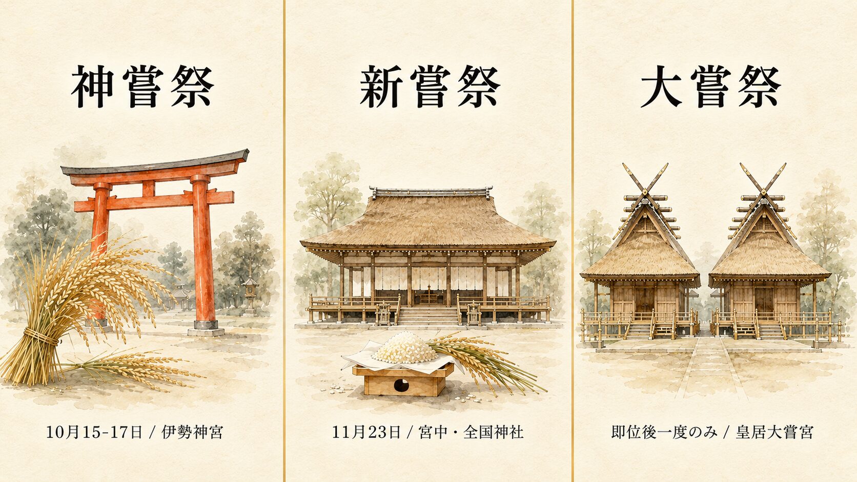 神嘗祭・新嘗祭・大嘗祭の3祭典を3つの建築アイコン（伊勢神宮の鳥居、宮中神嘉殿、大嘗宮）で表現した概念図