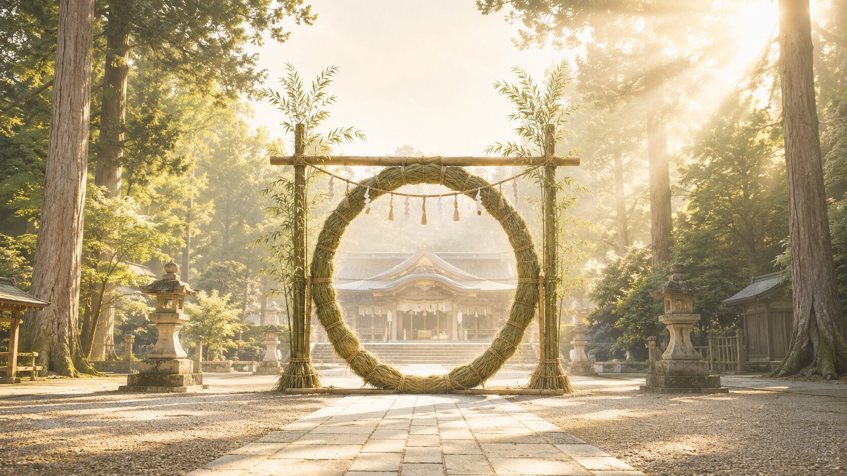 朝の神社境内で、参道の奥に大きな茅の輪が painterly に配置された静謐な構図。砂利と常緑樹に囲まれた静謐な painterly 図解で、半年に一度の祓いと清めの神事を象徴