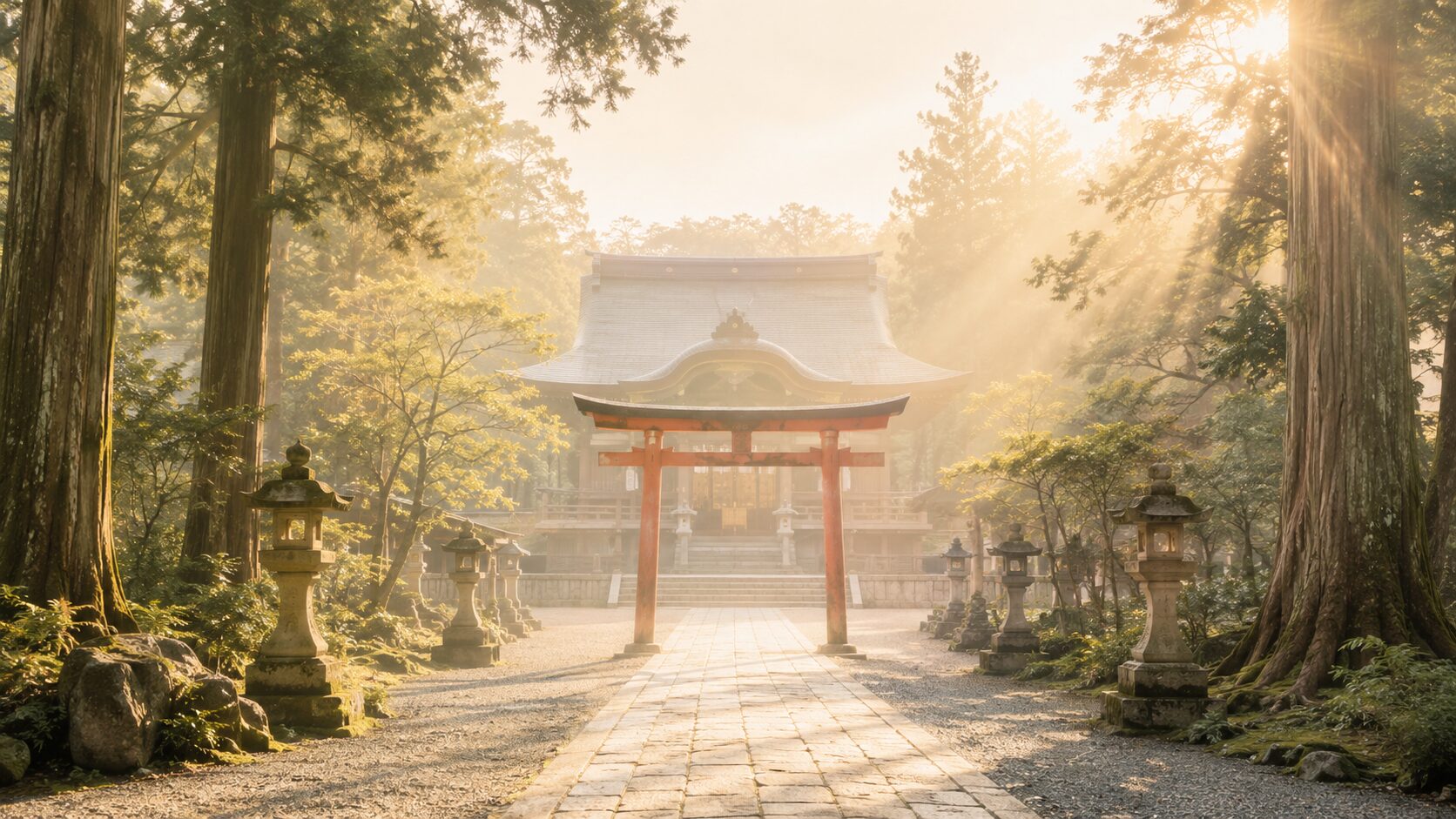 朝の神社境内で、参道の奥に拝殿、手前に鳥居が painterly に配置された静謐な構図。神社・神話・祭祀の3要素から構成される神社神道の文化的格調を象徴