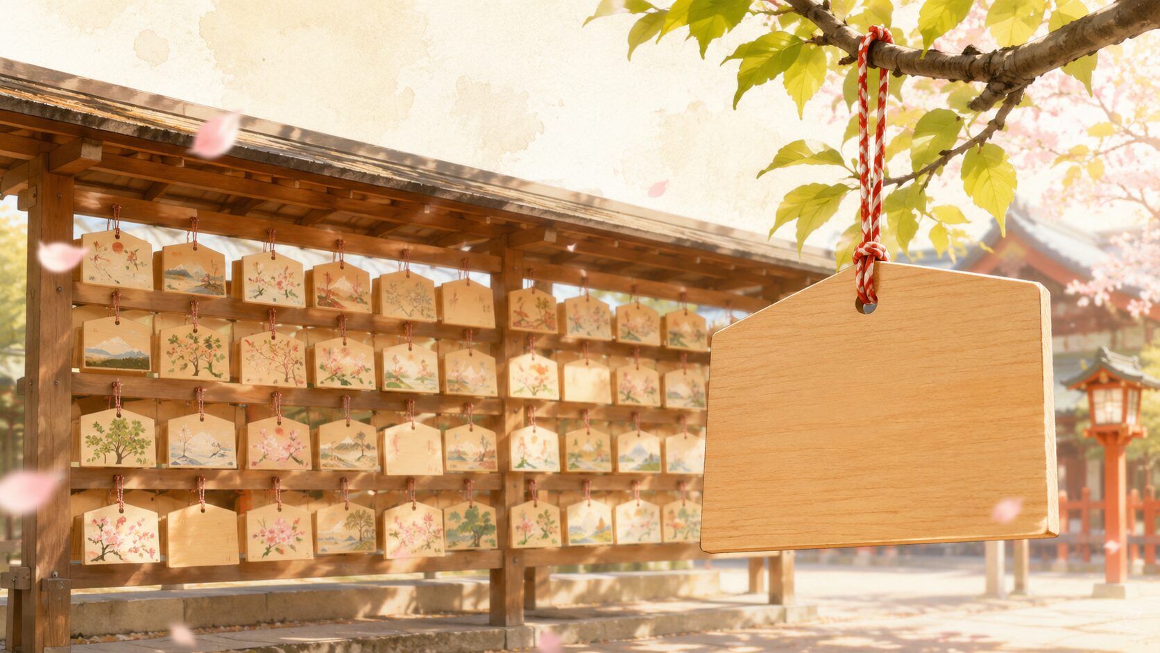 神社境内の絵馬掛けに多数の山形の絵馬が掛けられた painterly 風景。手前に1枚の絵馬のクローズアップ、奥に絵馬の連なりを配し、絵馬奉納の文化を象徴