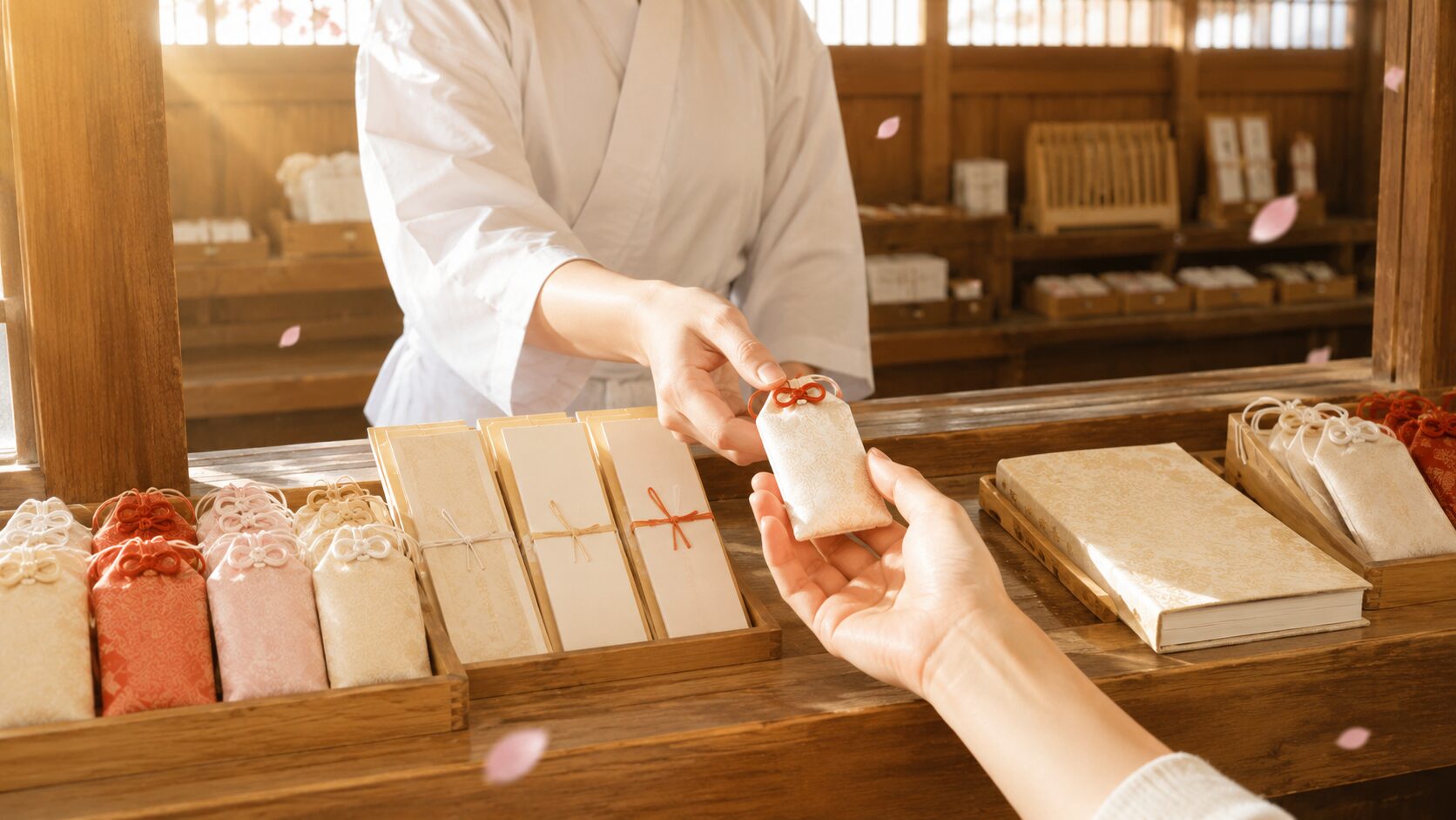 神社の授与所を象徴する painterly 風景。木造の窓口越しに授与品(お守り・お神札・絵馬)が並ぶ台、奥に拝殿のシルエット、手前にお守りを受け取る手元のクローズアップ(顔不可視)で、神社で授かる文化を表現