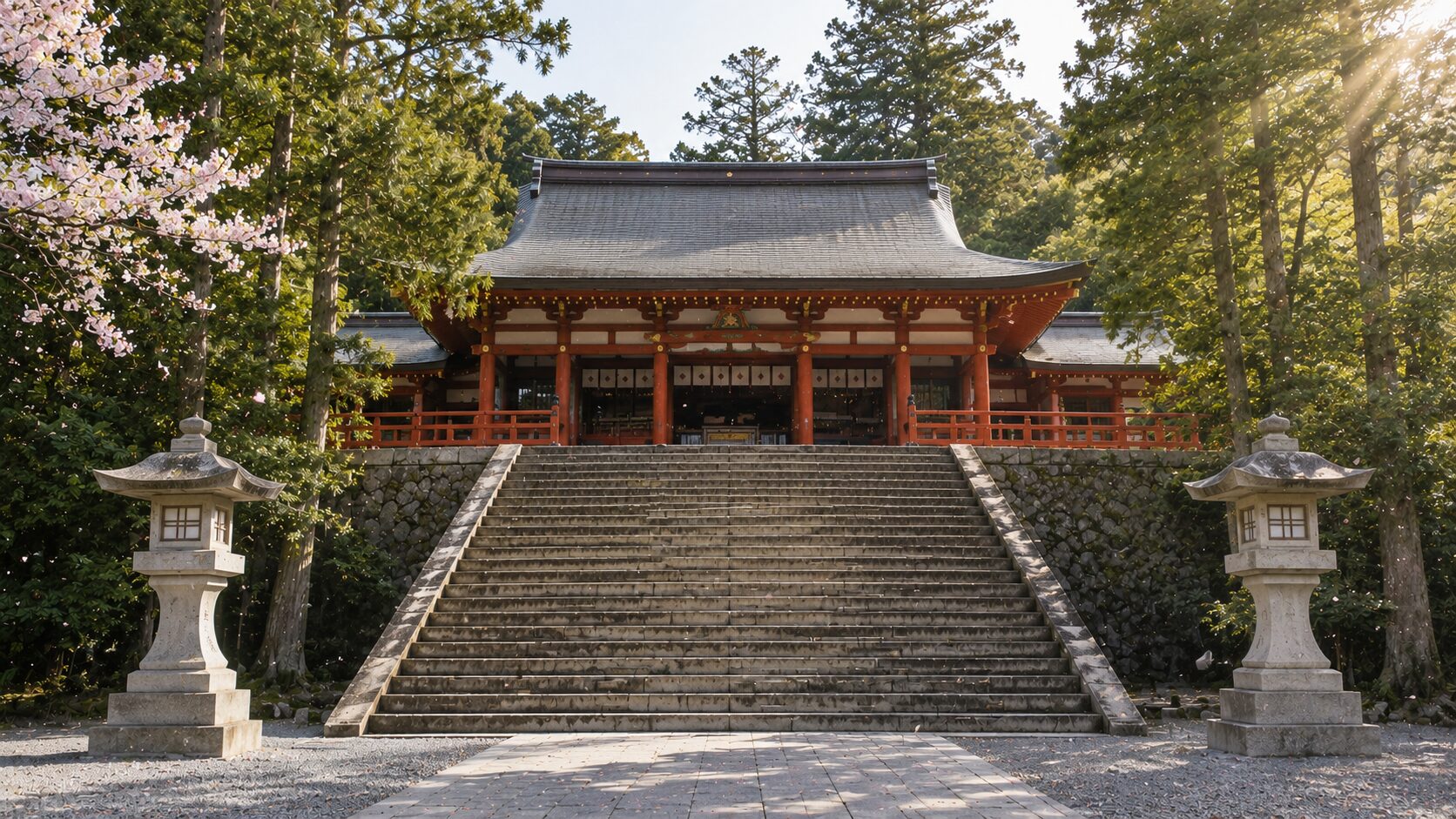 朝の鶴岡八幡宮境内の painterly 風景。中央に大石段の上の本宮(朱塗りの社殿)、手前に大石段、左右に石灯籠と杜を配し、源氏ゆかりの鎌倉の守護神としての格調を表現