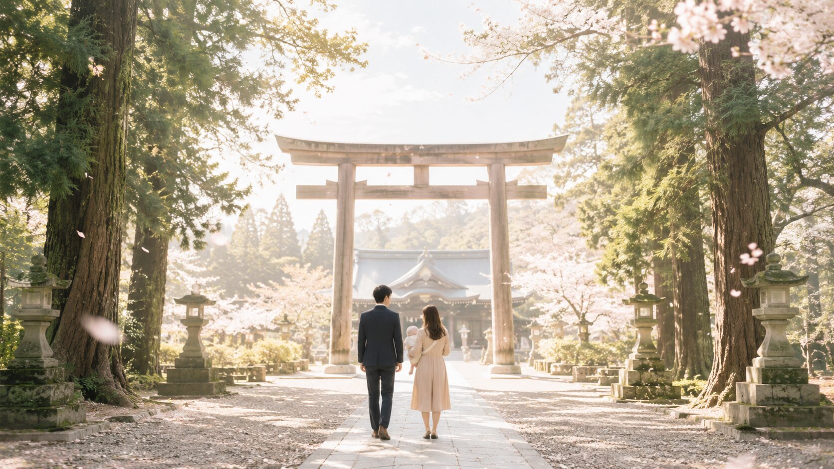 朝の神社境内で、赤ちゃんを抱いた父母の後ろ姿の遠景。参道を奥の鳥居と拝殿に向かって歩く painterly 構図で、お宮参りで誕生を報告する場面を象徴