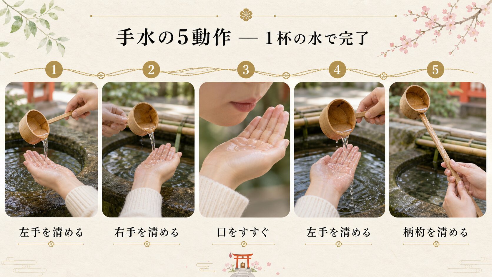 現代の参拝者の手による手水の5動作を左から順に並べた手順インフォグラフィック(左手・右手・口・左手・柄杓を清める、各ステップに金色の組紐風細線が流れる)