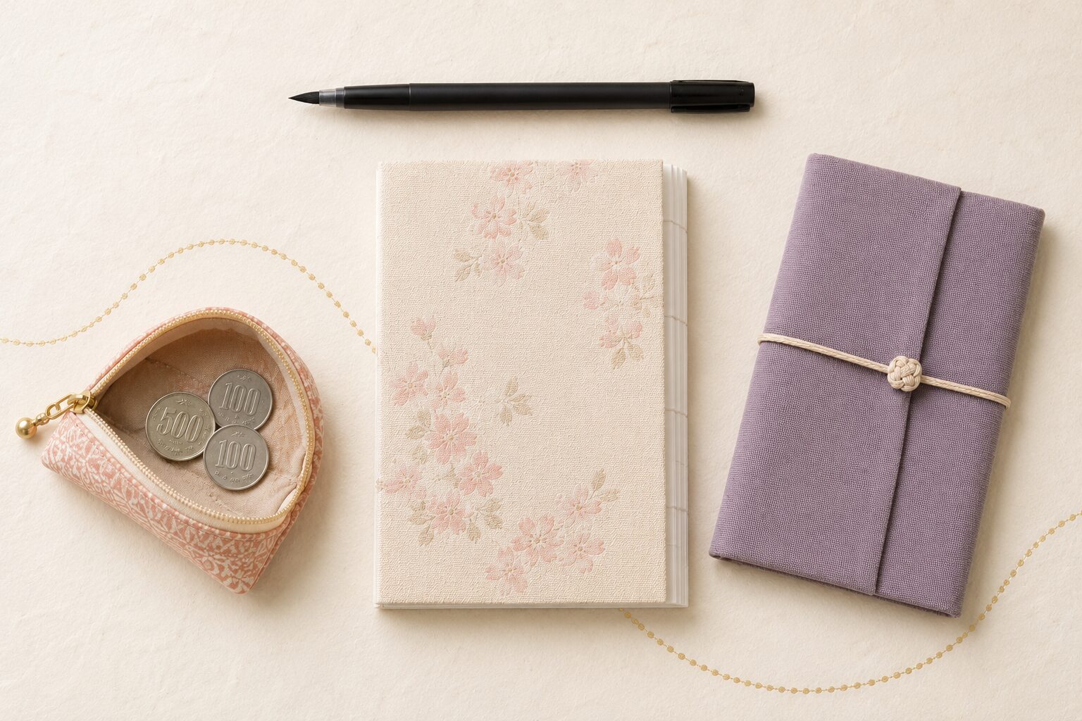 ivory washi 背景に painterly な持ち物セット俯瞰、画面中央に1冊の閉じた御朱印帳(蛇腹折り)、その左に1個の小銭入れ袋(少量の100円玉と500円玉が見える)、右に1個の御朱印帳カバー布、上部に1本の筆ペンの輪郭。御朱印巡りに必要な最小限の持ち物を象徴