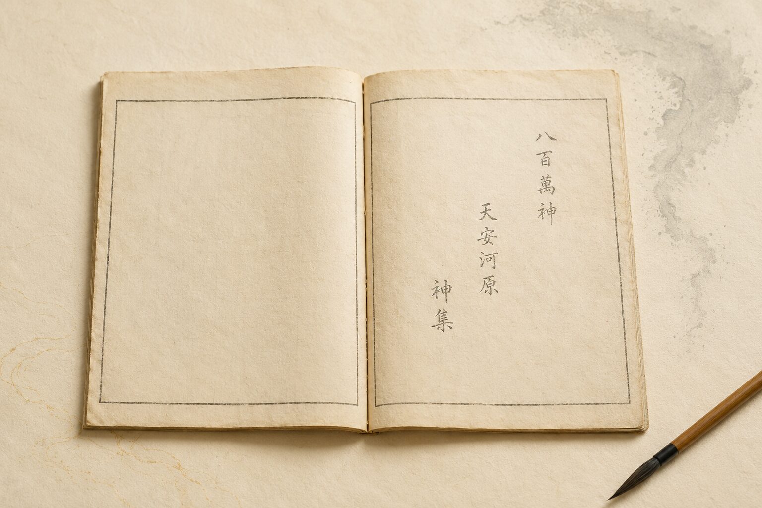 ivory washi 背景に painterly な古事記の天岩戸段の古典書写の見開き 1 冊が画面中央に大きく配置、右ページに「八百万神 天安河原 神集」の文字がうっすら見える縦書き、左ページは余白、手前右に 1 本の墨筆。古事記の文献初出を象徴する静物