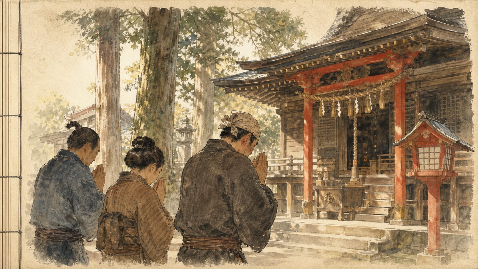 江戸時代の神社で参拝者たちが合掌で参拝している様子、和綴じ本の余白風の構図で歴史を伝える