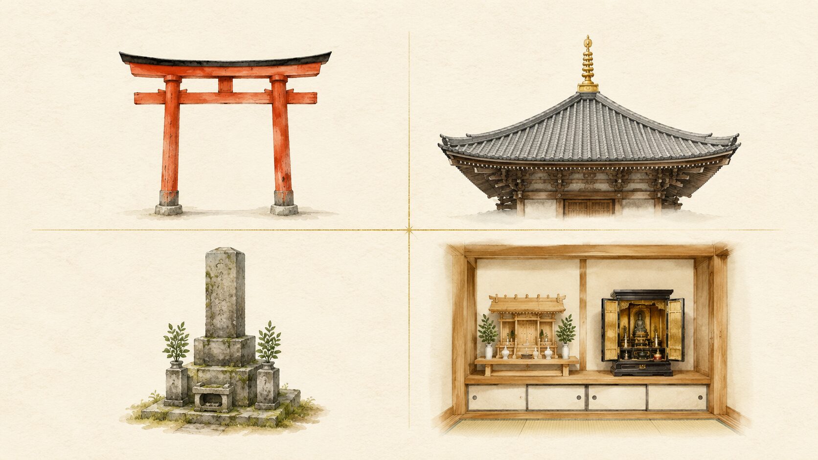 ivory washi 背景に painterly でやわらかな線画イラスト風の 4 つのアイコンを 2×2 グリッドに配置した文化資料風図解。左上に朱色の鳥居(神社)、右上にお寺の本堂の屋根と相輪、左下に苔むした石塔のお墓、右下に家屋の神棚と仏壇が並ぶ室内。各アイコンの下に小さな見出しは入れず、構図のみで 4 つの祈りの場を示す