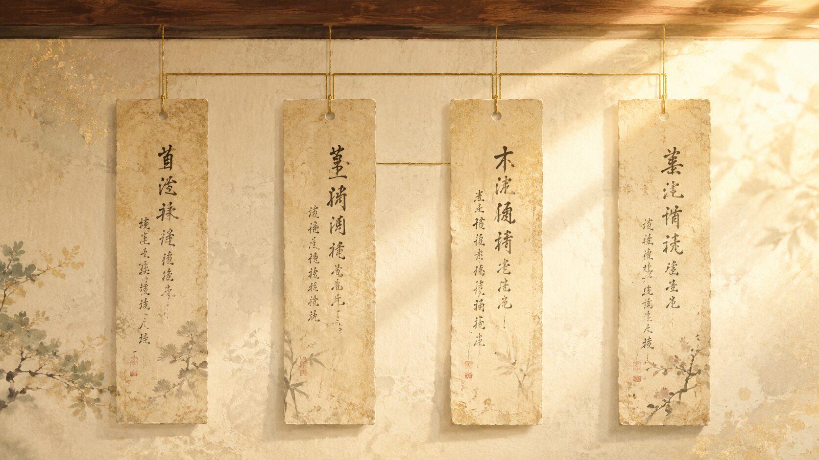 ivory washi 背景に painterly な縦長の和紙短冊3〜4枚が縦に並び、中臣鎌足から藤原不比等への系譜が薄い墨書きで示されたインフォグラフィック、藤原氏の系譜を象徴