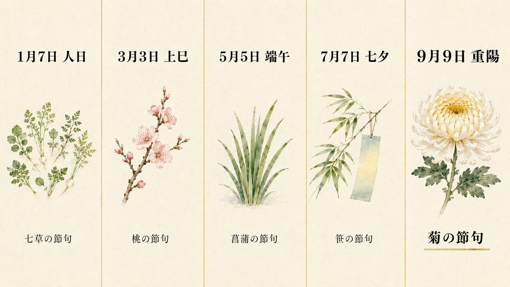 五節句の象徴(七草・桃・菖蒲・笹・菊)を5列の painterly アイコンで時系列に対比したインフォグラフィック