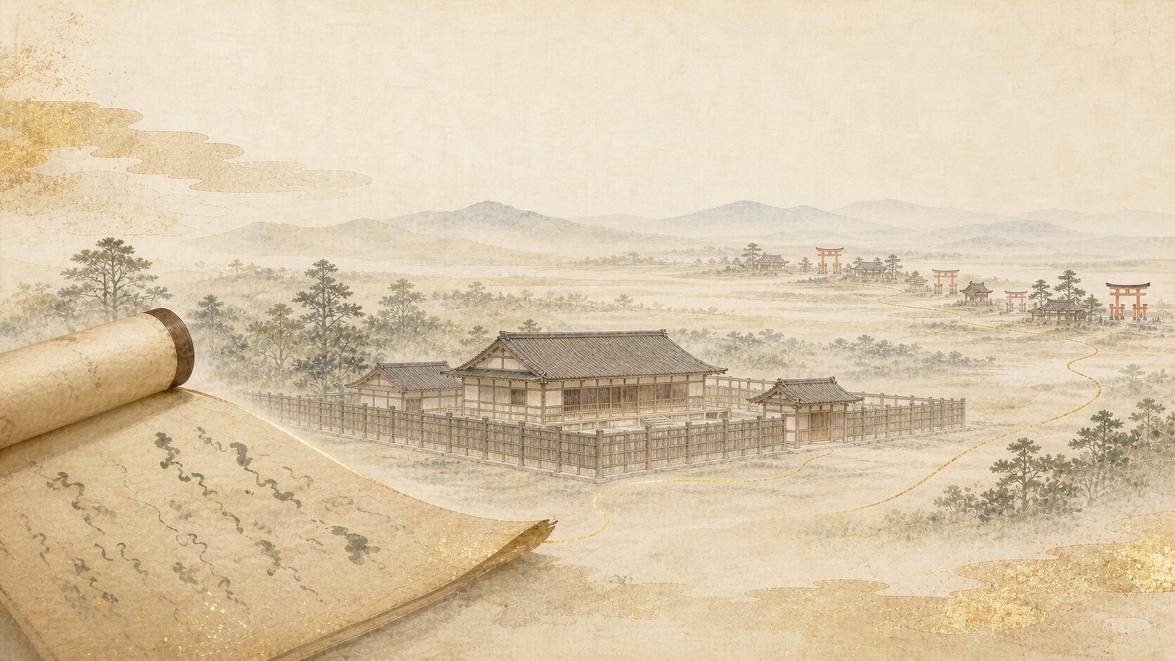 平安時代から鎌倉初期にかけての一の宮成立を絵巻風に表現した歴史的な構図。古い巻物・国府を象徴する建物・参道のシルエットで、国司神拝の慣行を視覚化