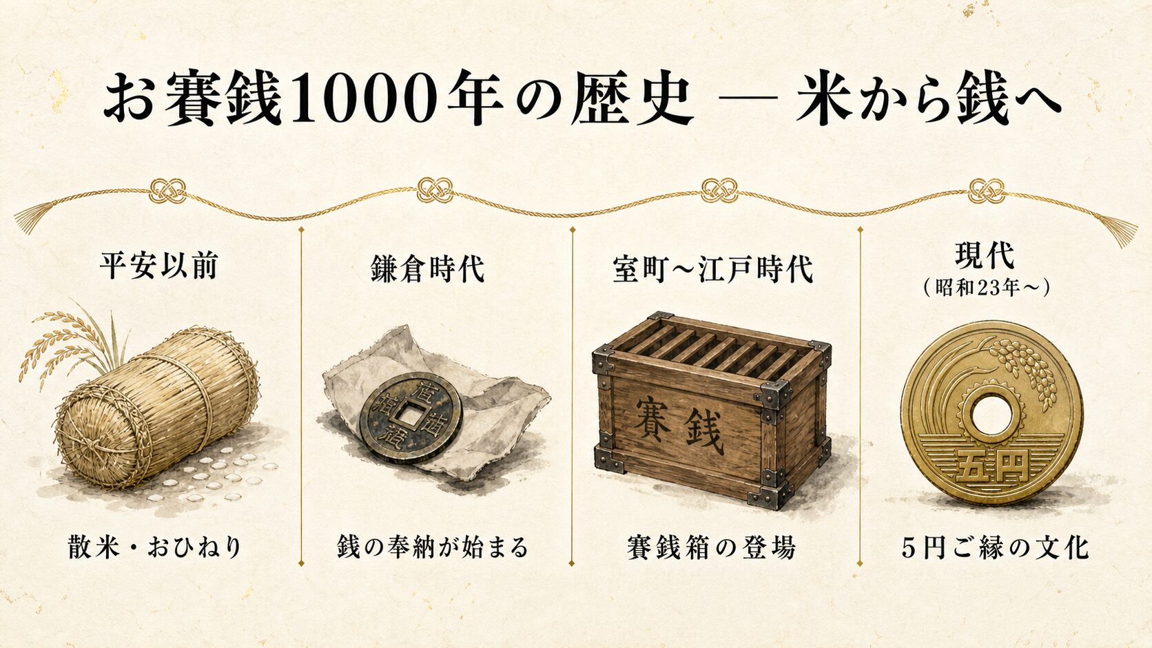 お賽銭 1000 年の変遷を 4 つの時代（平安以前・鎌倉・室町〜江戸・現代）でアイコン化して横並びで示した歴史年表インフォグラフィック