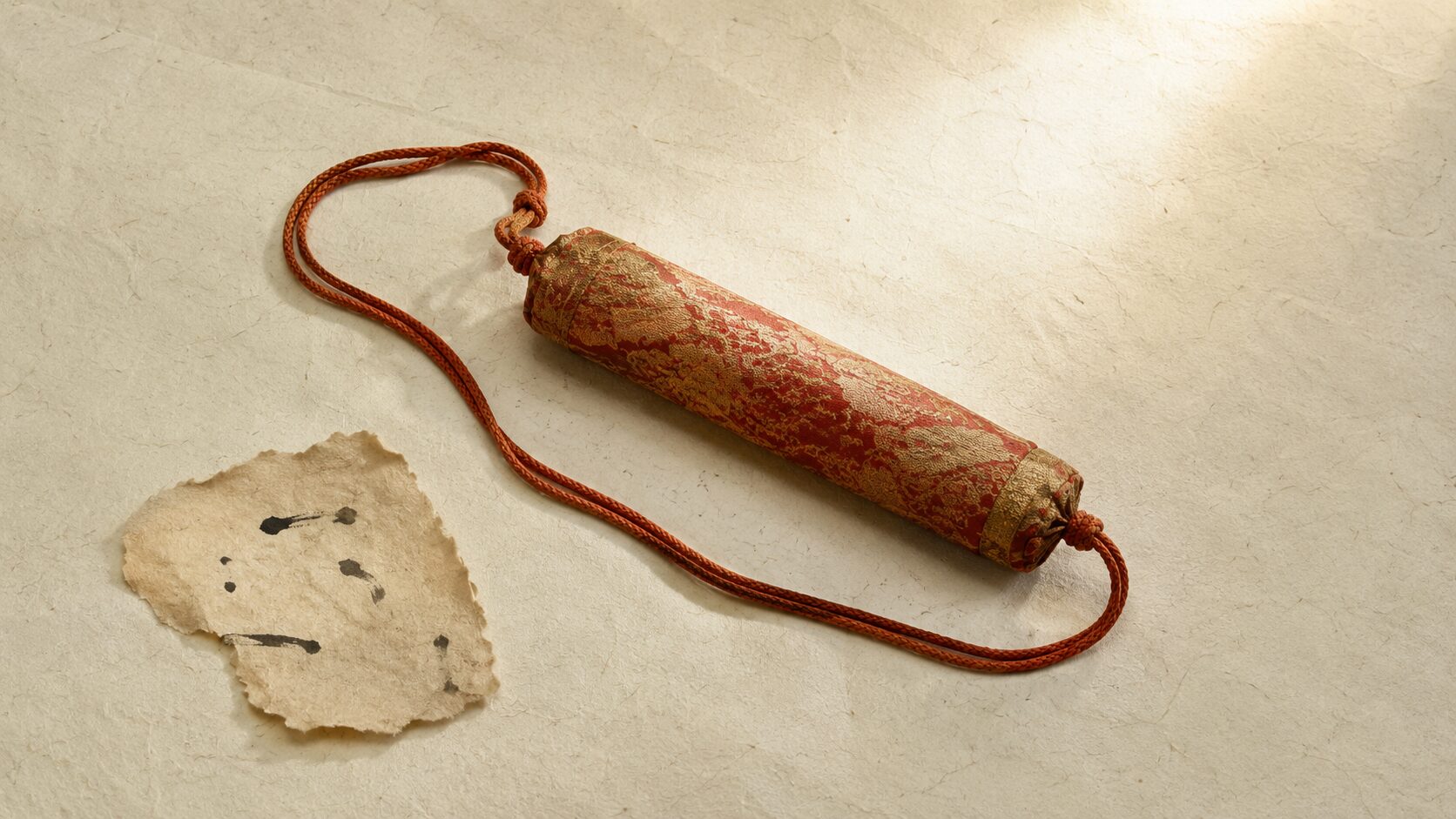 ivory washi 背景に painterly な古典的筒形の懸守風布袋(朱と金の錦布、長い組紐)、左下に絵巻風の和紙小片、右上に金色の光線。平安時代の懸守の歴史と現代の袋守への流れを象徴