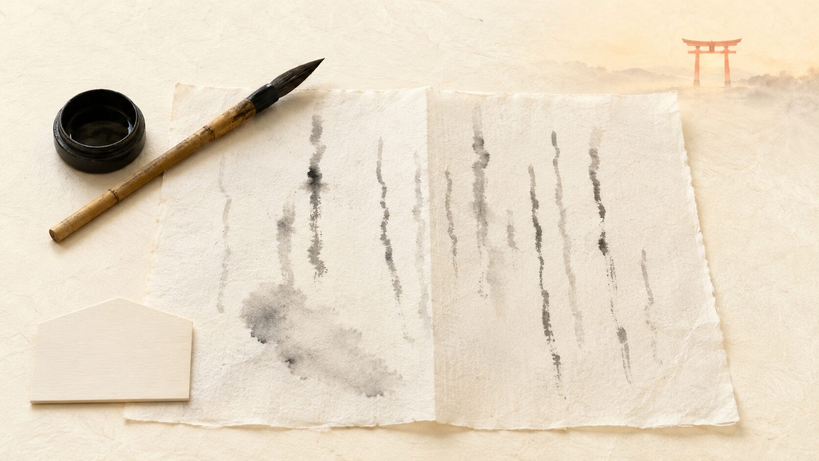 ivory washi 背景に painterly な俯瞰画像。中央に開かれた和紙、古い筆、墨壺。住所や氏名を心の中で名乗る自己紹介の作法を象徴