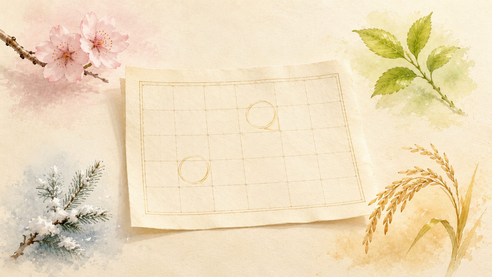 和紙のカレンダー風の紙面と、四季の象徴(桜・若葉・稲穂・雪)を周囲に配した painterly 静物図解。お宮参りの時期を柔軟に整える考え方を象徴