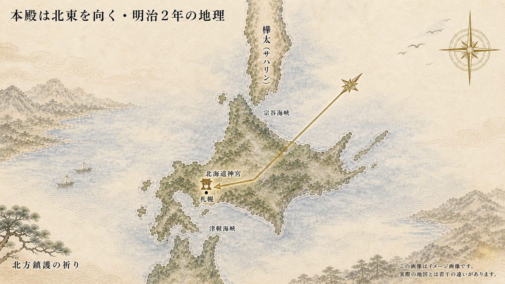 北海道と樺太（サハリン）方面を含む painterly map、札幌の北海道神宮の位置に小さな印、そこから北東を指す矢印が手稲山方向と樺太方向を示す象徴的構図