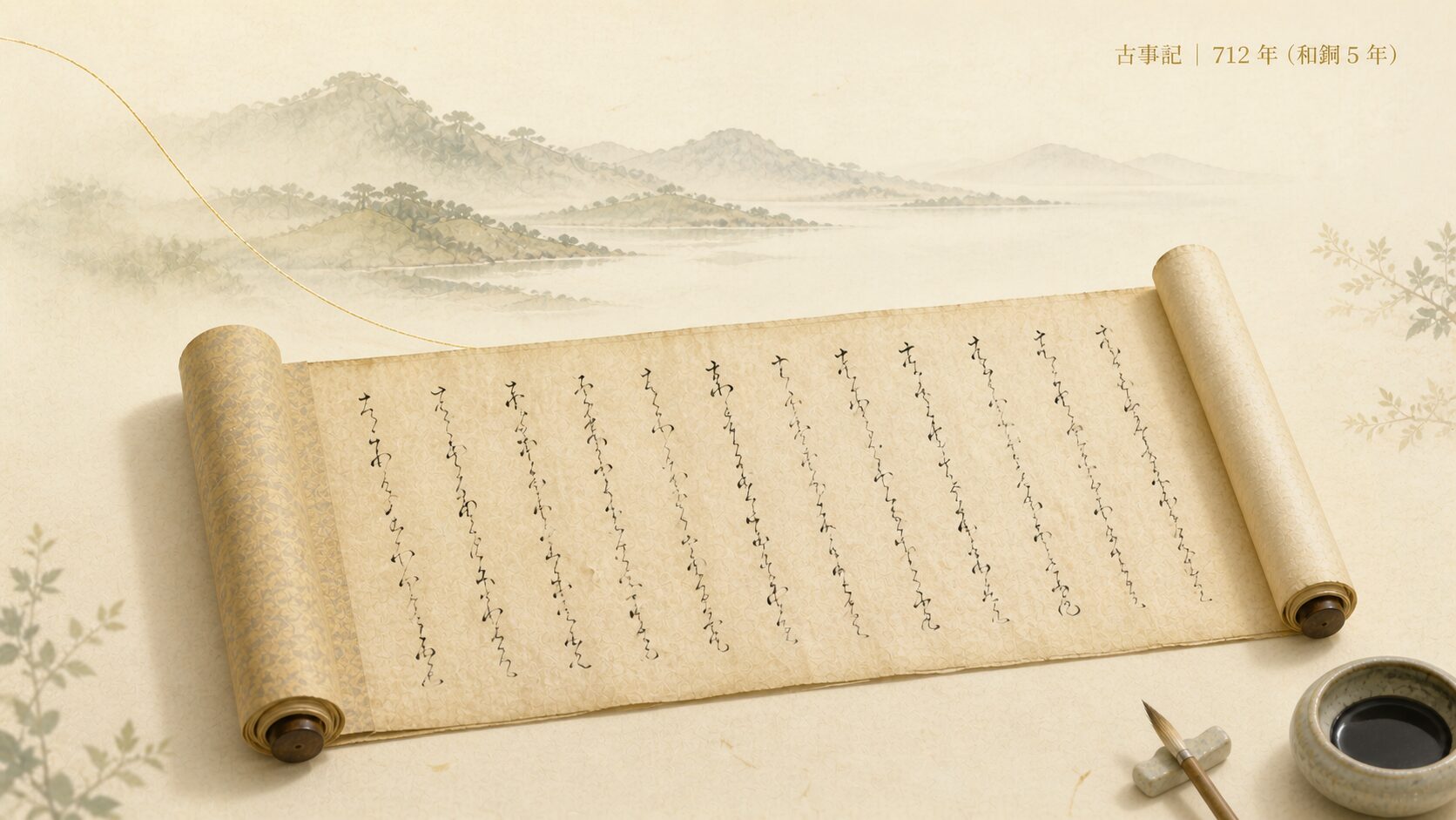 古事記をイメージした古い巻物のクローズアップ。和紙の質感、毛筆書きの変体漢文・万葉仮名、薄く神代の自然を背景にした painterly 表現