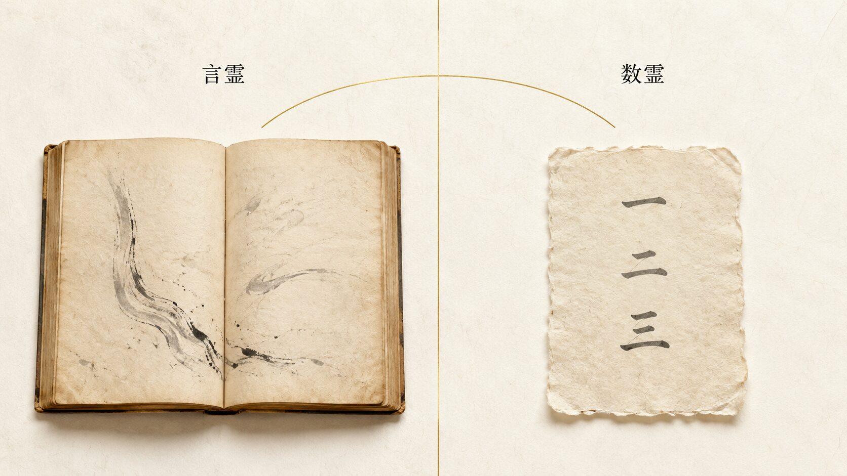 ivory washi 背景に painterly な左右対比 2 領域。左に開かれた和綴じ古典(言霊)、右に漢数字を書いた和紙(数霊)、両者を細い金の弧でつなぐ。近現代の解釈で語られる言霊と数霊の対応を象徴