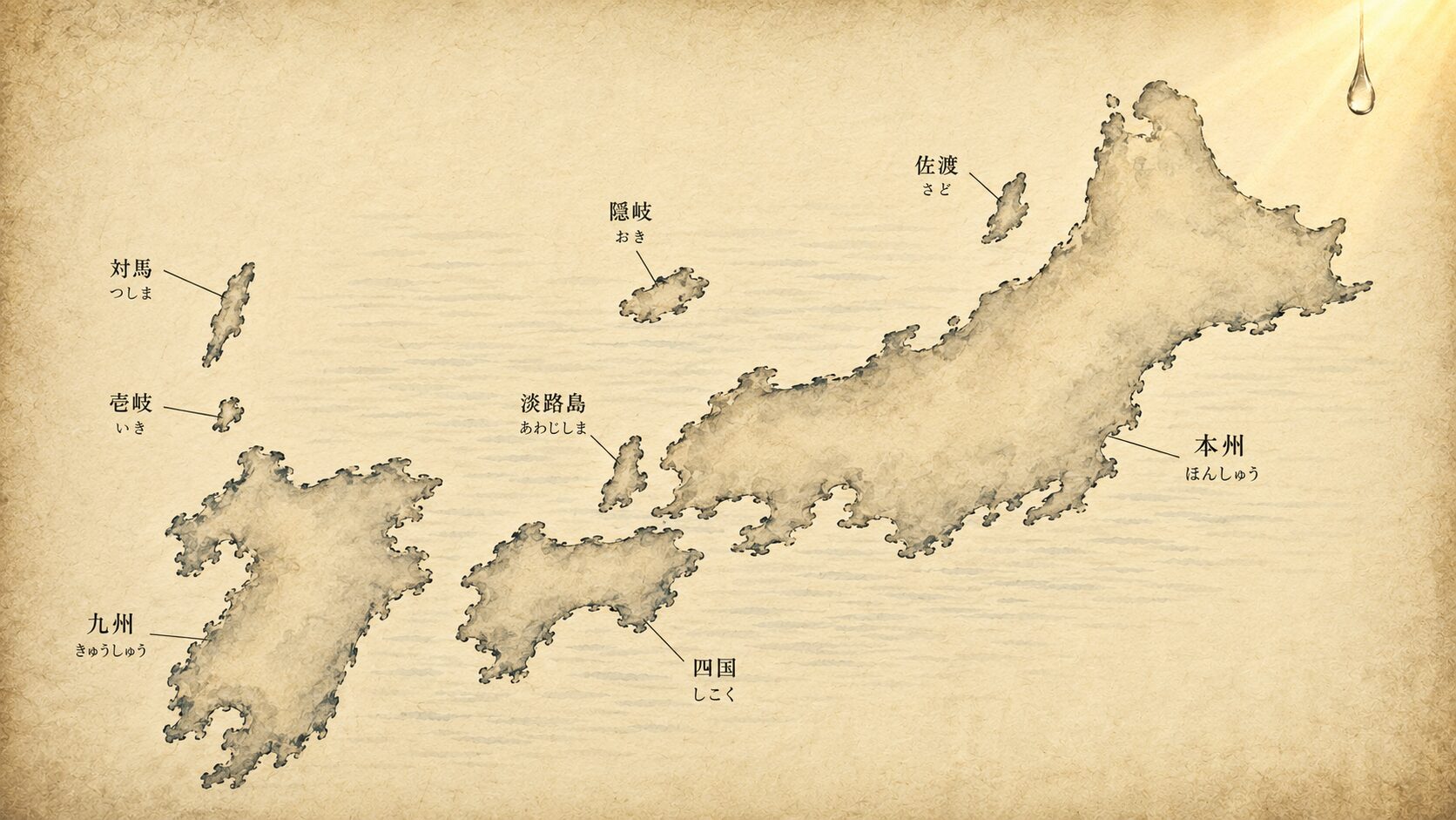 ivory washi 背景に painterly な古地図風の日本列島(淡路島・四国・隠岐・九州・壱岐・対馬・佐渡・本州の8島)が静かに描かれた構図、大八島国の誕生を象徴