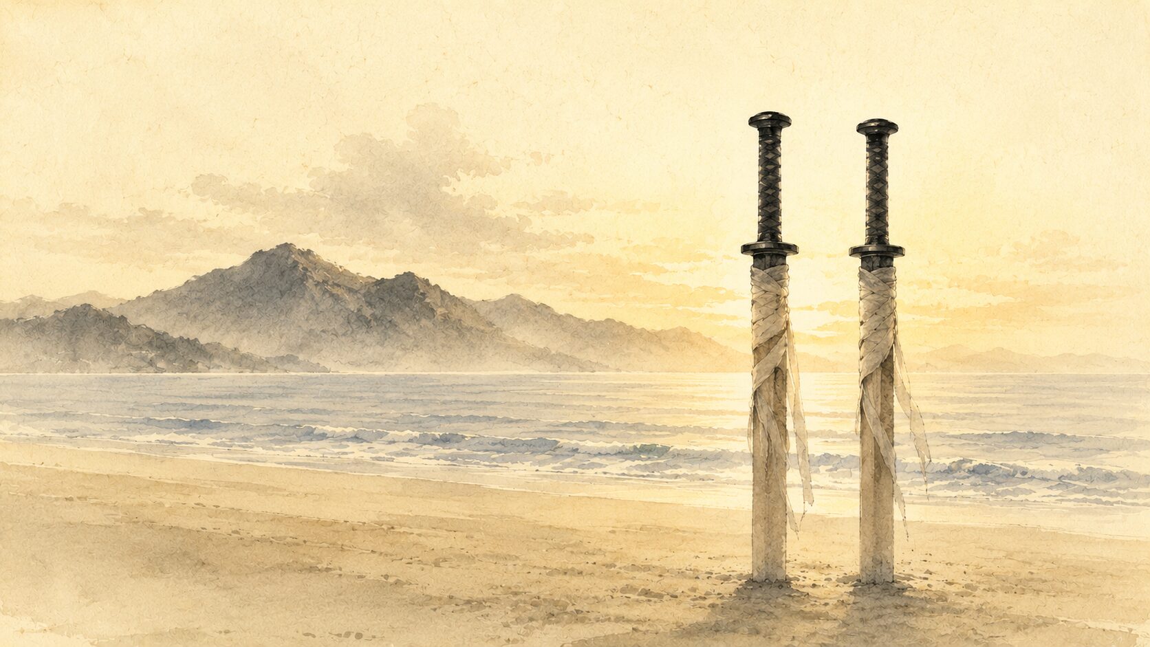 ivory washi 背景に painterly な砂浜と2本の十握剣が逆さに突き立てられた象徴構図、背景に出雲の山並みの遠景、稲佐の浜での国譲り交渉の場を象徴