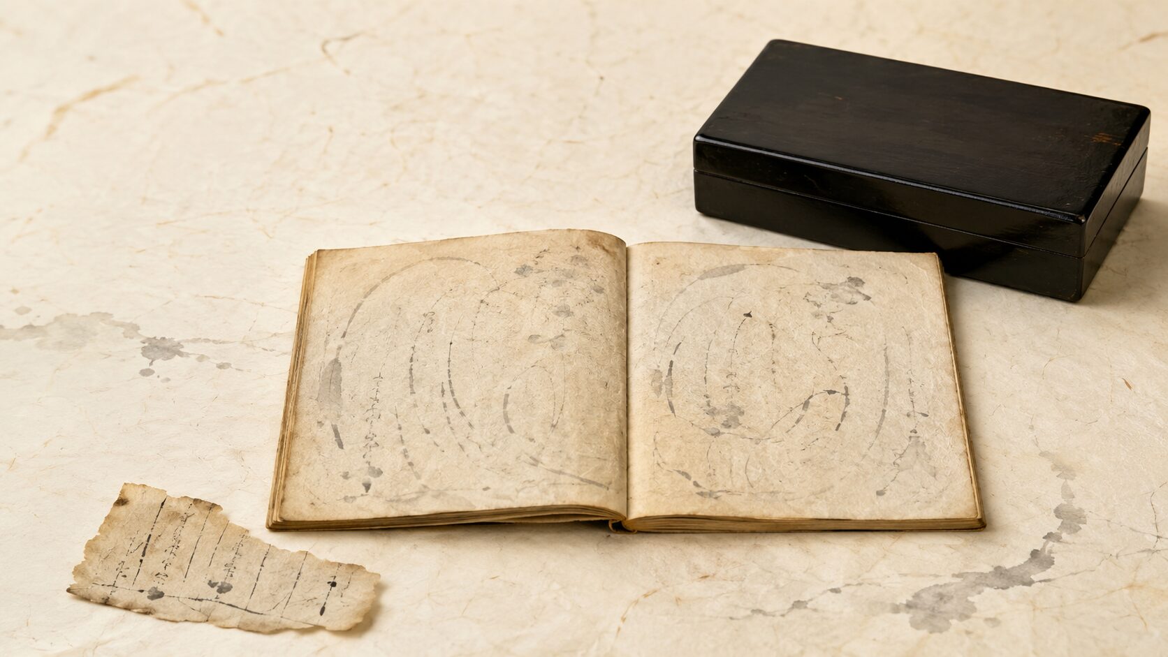 ivory washi 背景に painterly な旧暦の和綴じ暦書 1 冊が画面中央に開かれた状態で置かれ、右奥に黒い漆塗りの古い書箱、左手前に和紙の暦の断片が静かに添えられる。暦書のページには筆書きの文字風の線が薄く流れる(具体的な漢字は読めないように)。明治改暦以前の旧暦の世界を象徴する文書静物