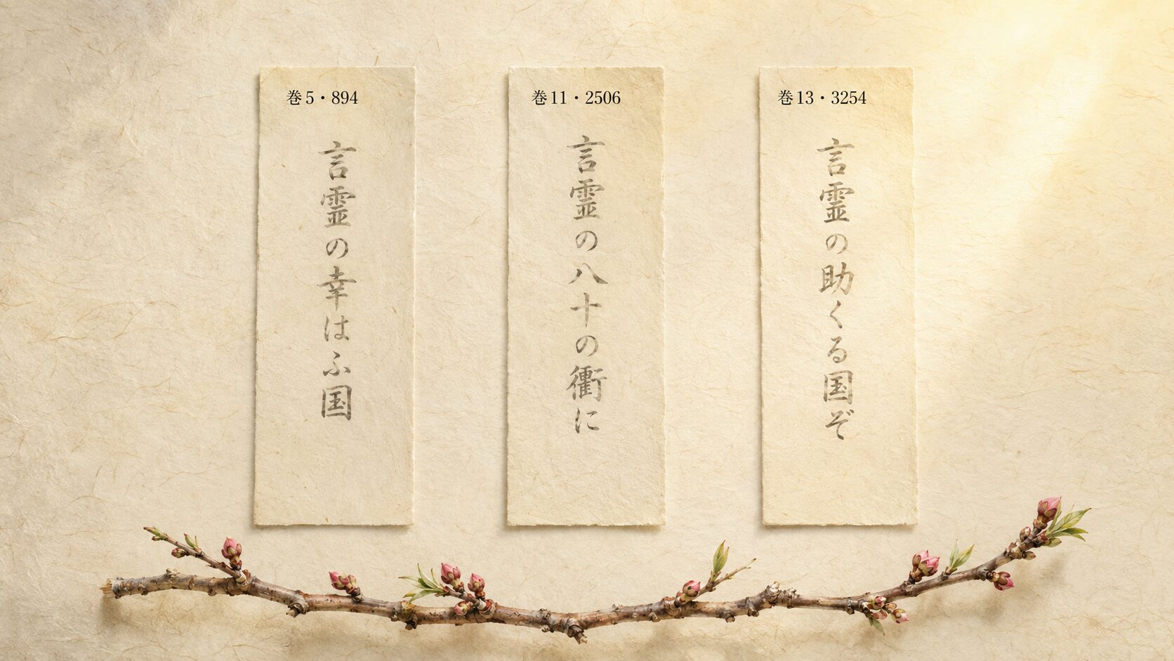 ivory washi 背景に painterly な縦長の和紙短冊3枚が横並びに置かれ、各短冊に万葉集の和歌が薄く墨書きされた構図、3例(894/2506/3254)を象徴するインフォグラフィック静物
