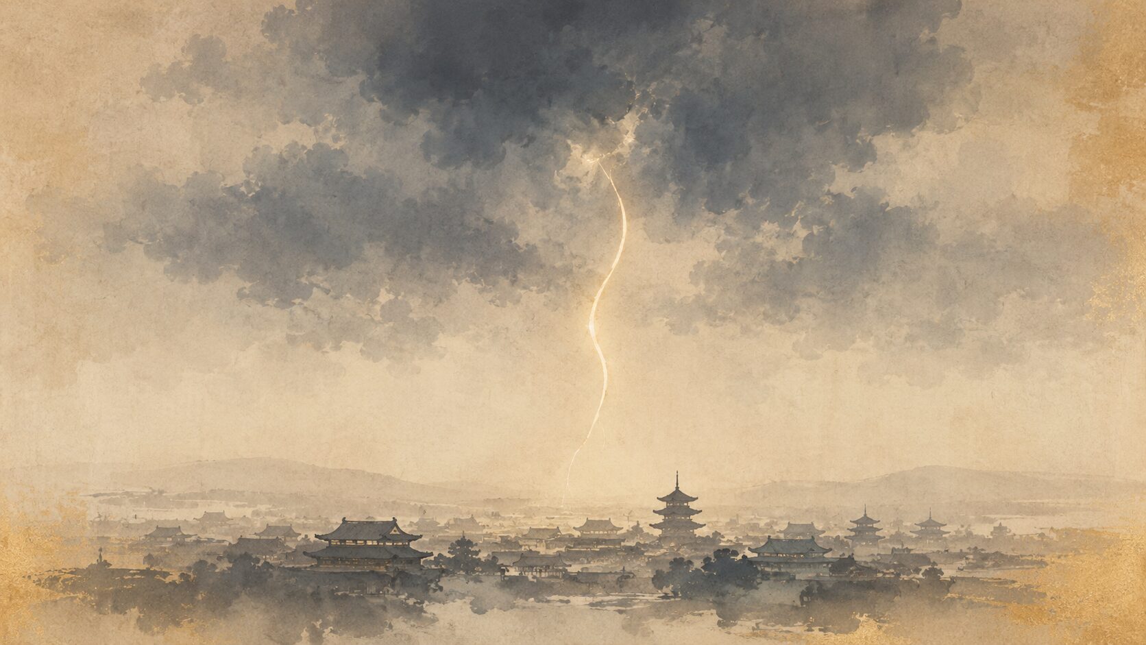 ivory washi 背景に painterly な平安京の遠景シルエット、上空に静謐な雷光と painterly な重い雲が painterly に描かれた構図、清涼殿落雷など道真の怨霊伝承の歴史を象徴。恐怖描写なし