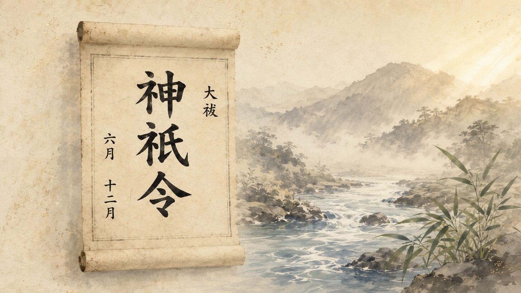 巻物に書かれた『神祇令』の painterly な象徴と、伊邪那岐の禊を象徴する川の painterly な構図、神話と律令制の二層を表現