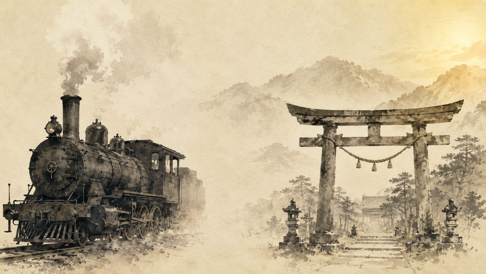 明治期の painterly な蒸気機関車のシルエットと、神社の鳥居・初詣を象徴する2層構図、鉄道網が初詣を広めた歴史を表現