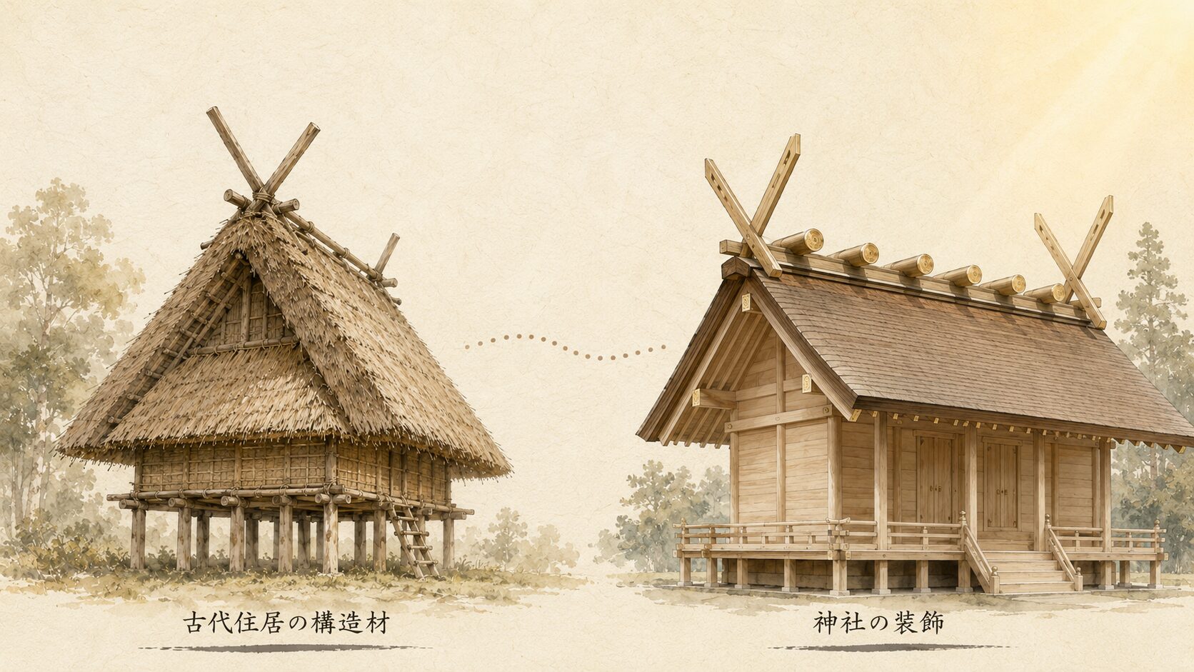 ivory washi 背景に painterly な古代の高床住居(左・屋根に木材交叉構造)と神社本殿(右・装飾化された千木鰹木)の並列構図、起源からの発展を象徴