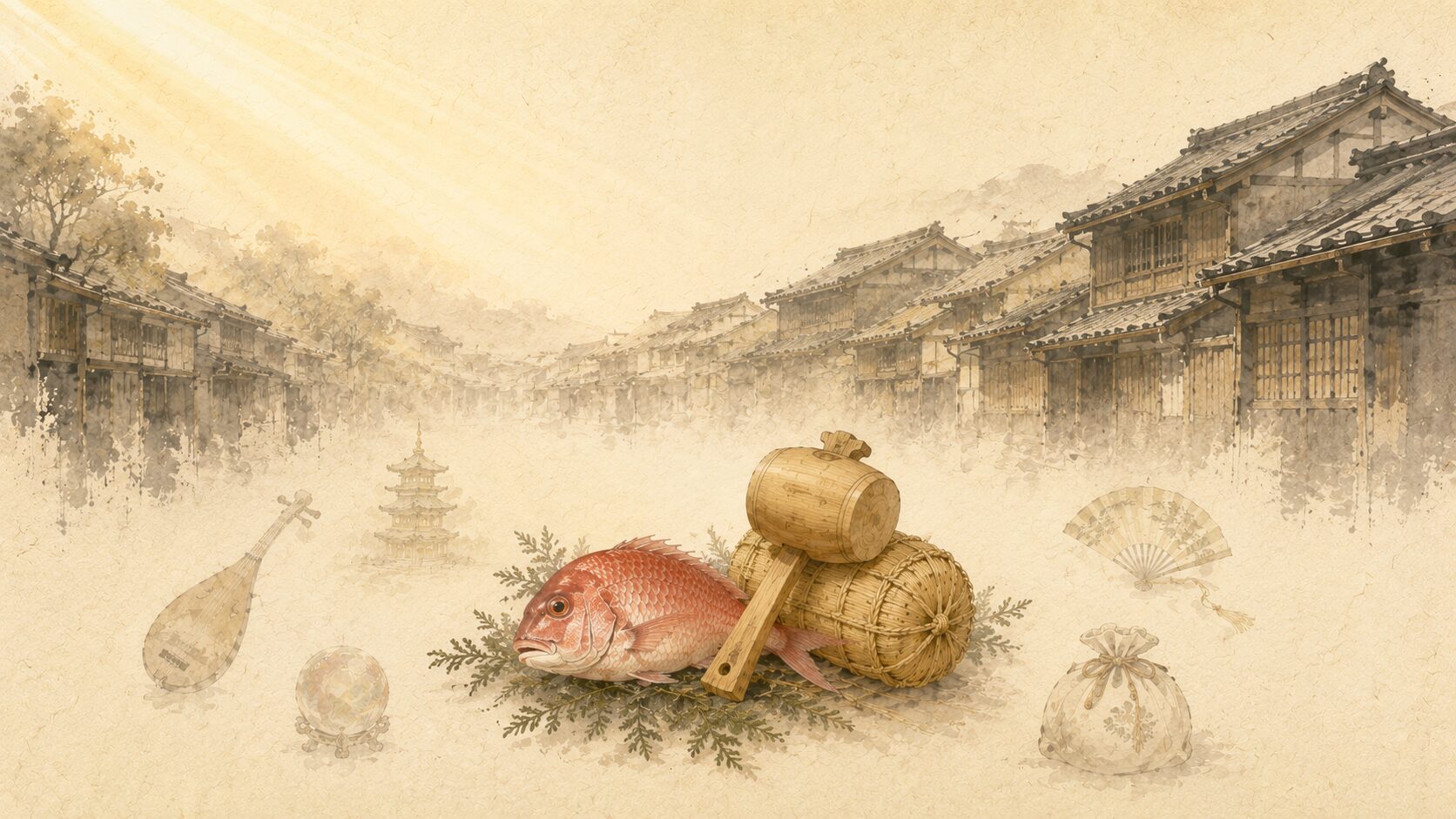 京都の painterly な町並みと、二福神(恵比寿・大黒天)から七福神への拡張を象徴する painterly 静物。室町時代の福神信仰を表現
