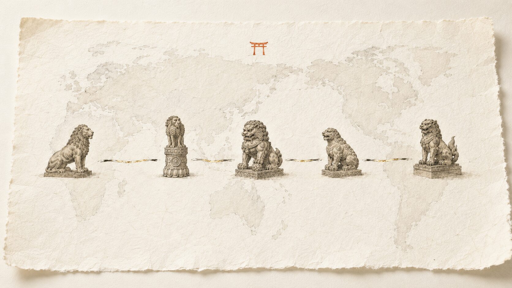 ivory washi 背景に painterly な俯瞰画像。中央の古い和紙世界地図風に 5 つの伝来シンボル(エジプトのライオン→インド仏教獅子→中国唐獅子→朝鮮獅子→日本狛犬)が左から右へ並ぶ。古代オリエント 5000 年史を象徴