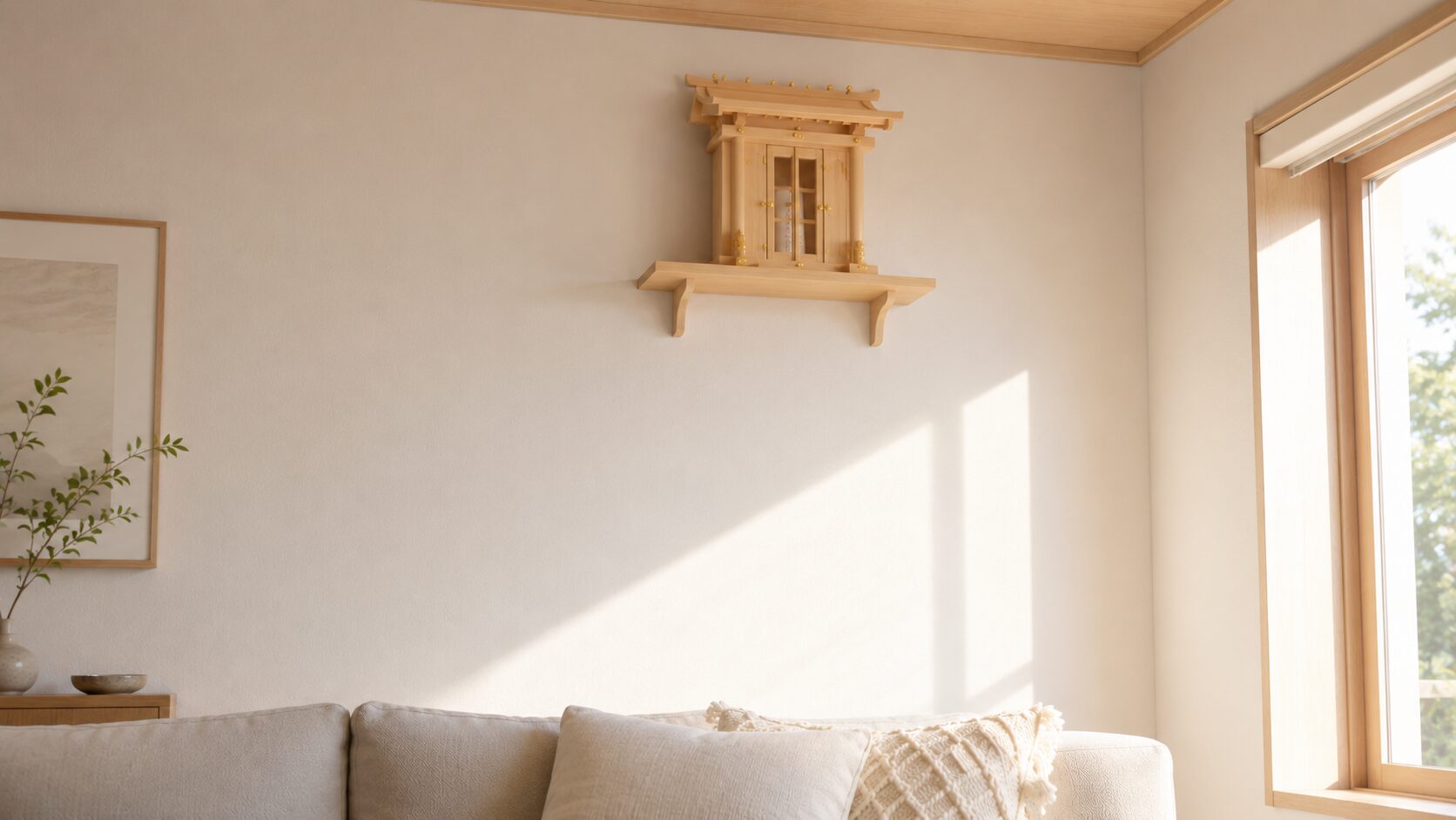ivory washi 背景に painterly な現代日本の家庭のリビング、天井近くに棚板で吊られた小さな神棚（宮形）を見上げる視点、右側（東）の窓から朝の金色の光が斜めに差し込み、東向きの方角の意味を象徴的に表現する構図
